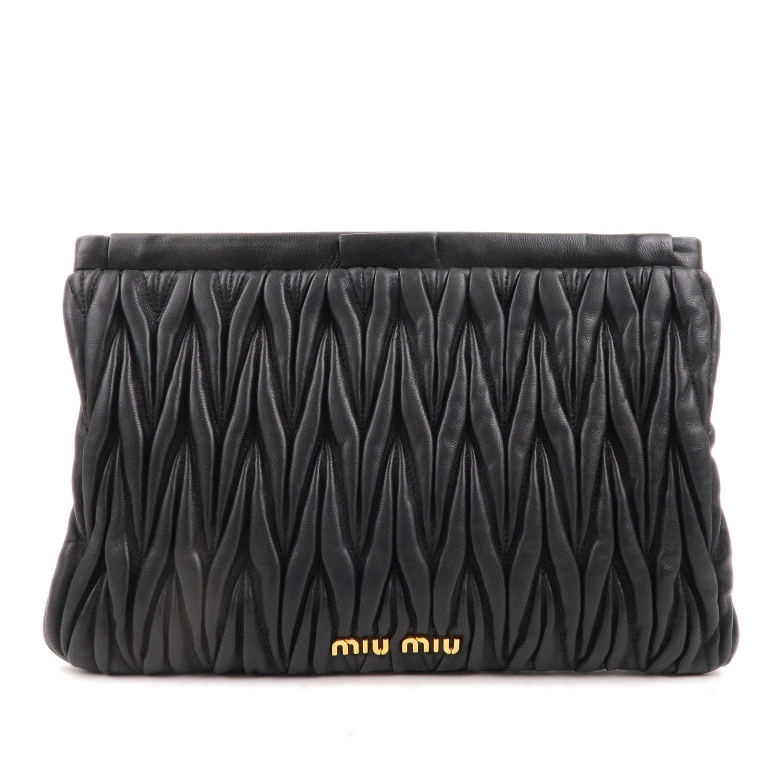 MIU-MIU-Matelasse-Leather-Gather-Clutch-Bag-Black