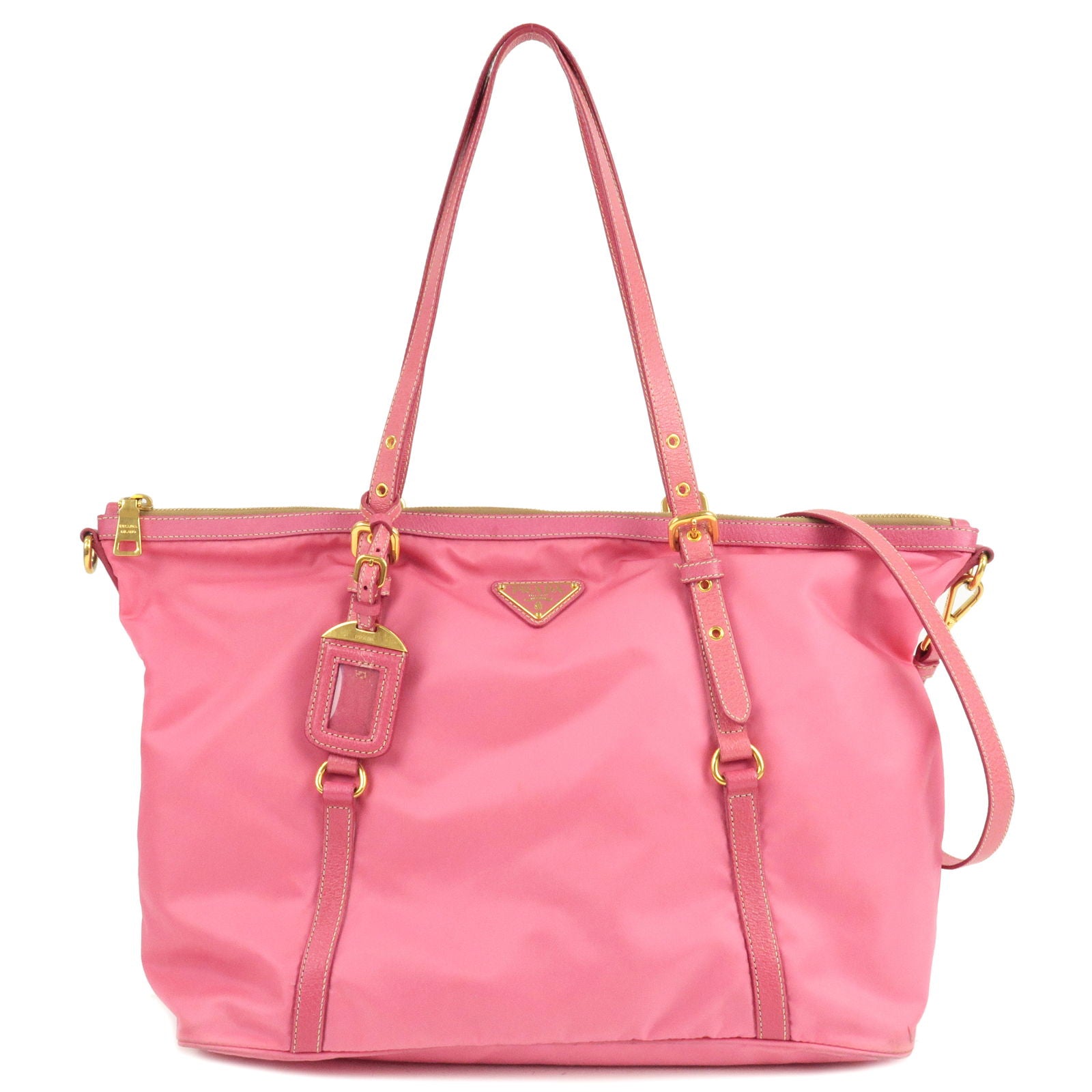 PRADA-Logo-Nylon-Leather-2Way-Bag-Tote-Bag-Hand-Bag-Pink