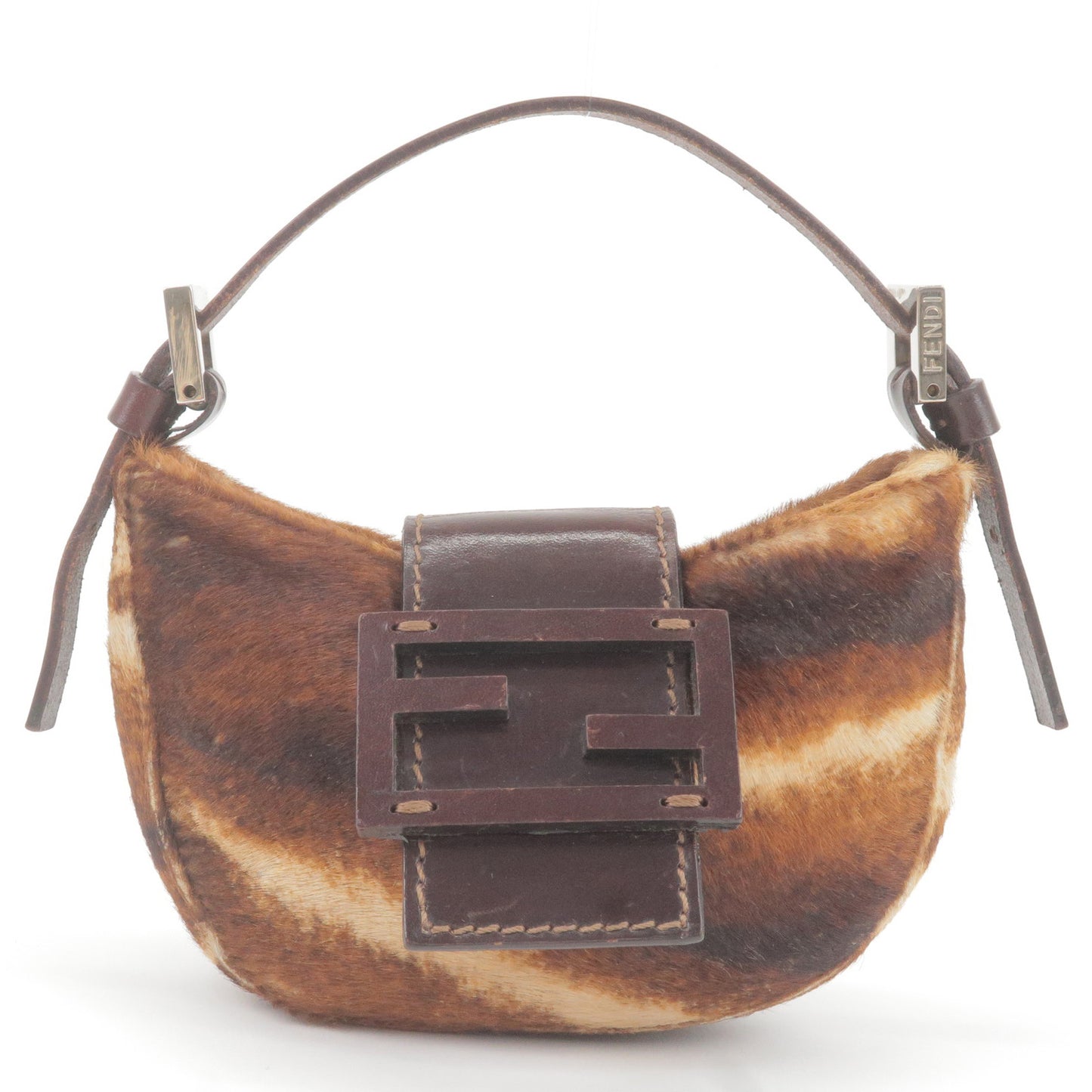 FENDI Unborn Calf Leather Mini Croissant Hand Bag Brown 26673