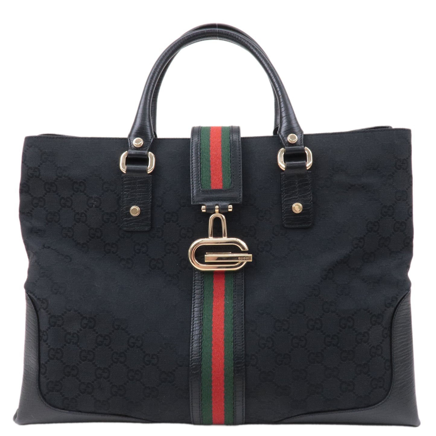 GUCCI Sherry GG Canvas Leather Tote Bag Black 130994