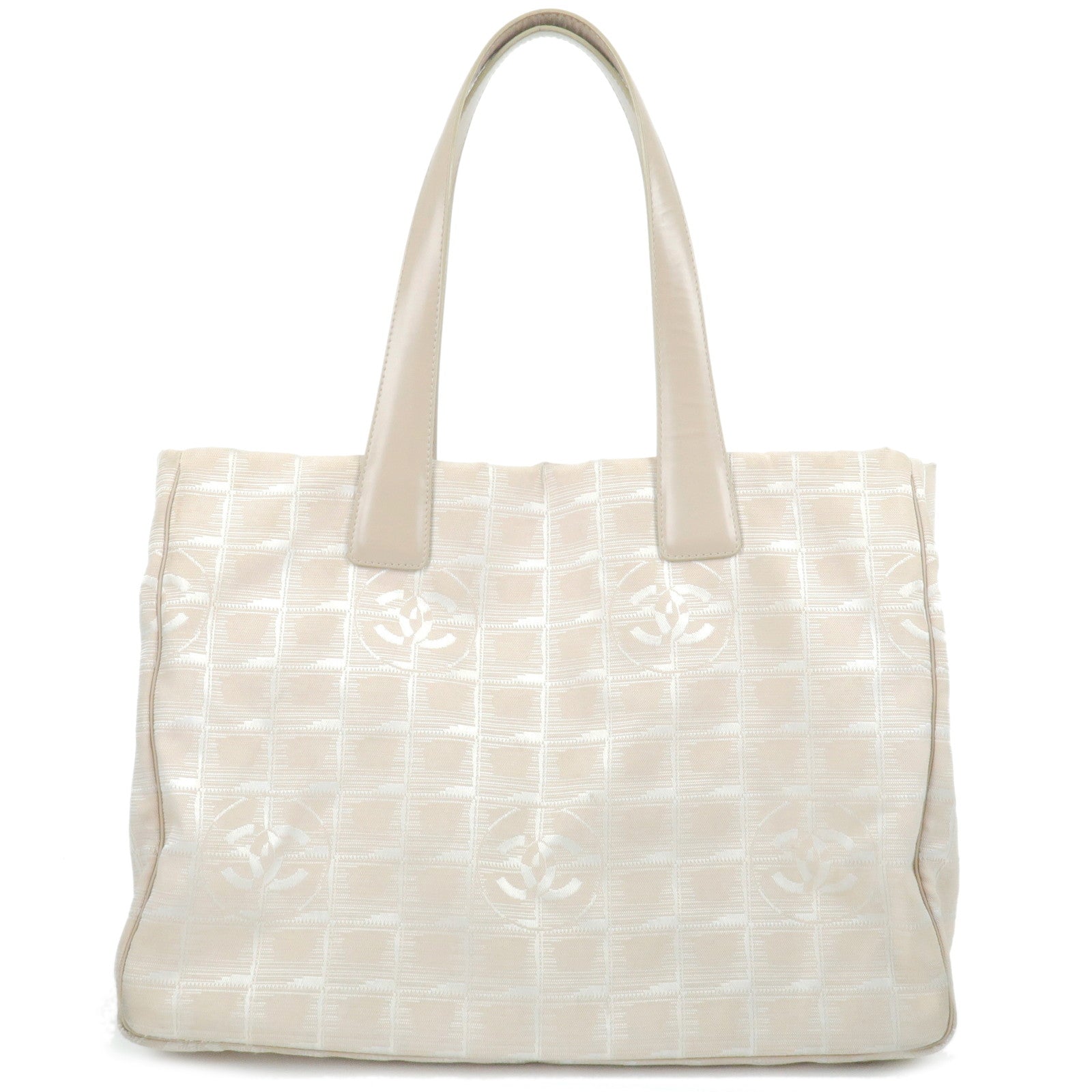 Auth-CHANEL-Travel-Line-Nylon-Jacquard-Leather-Tote-Bag-Beige