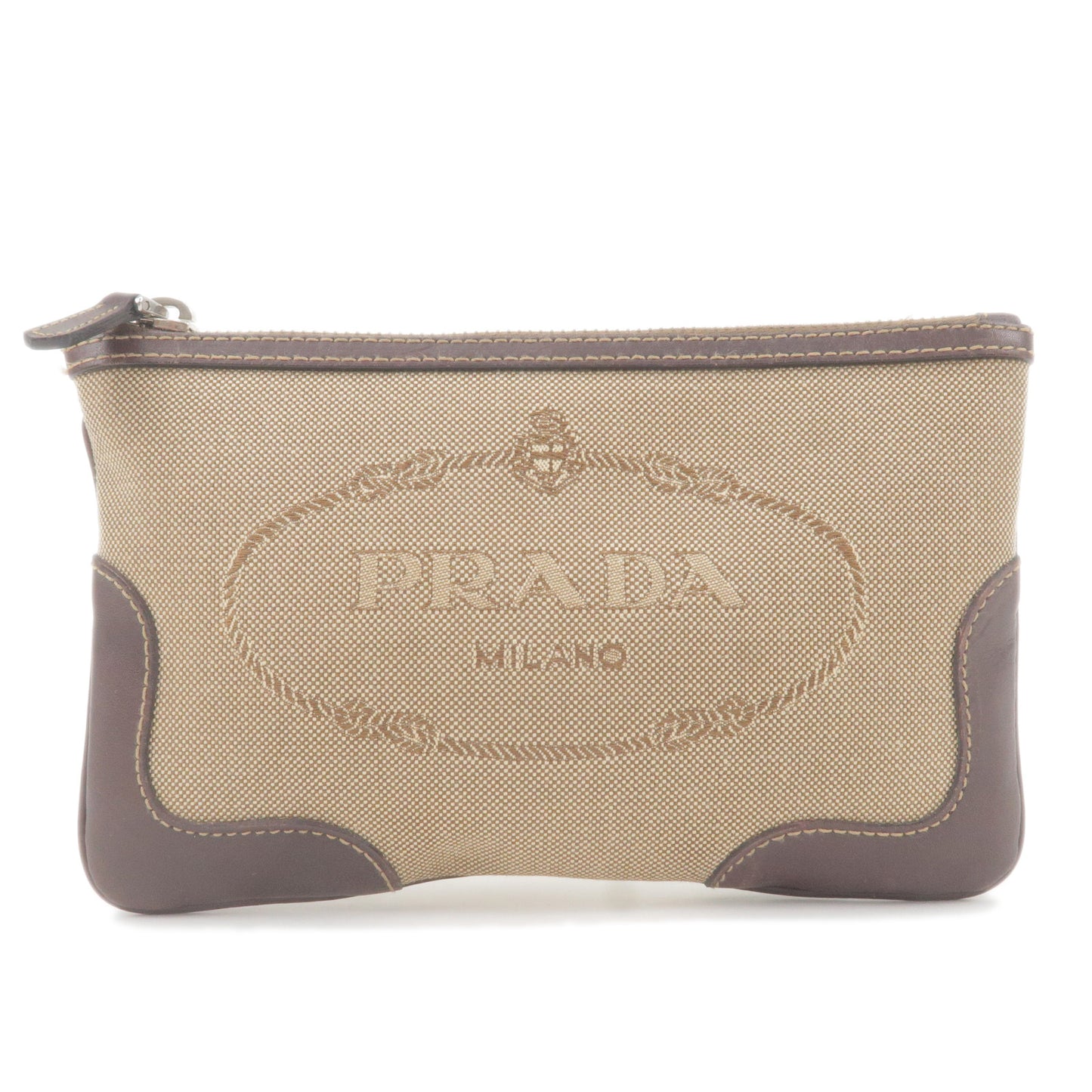 PRADA-Logo-Jacquard-Leather-Pouch-Cosmetic-Pouch-Beige-Brown