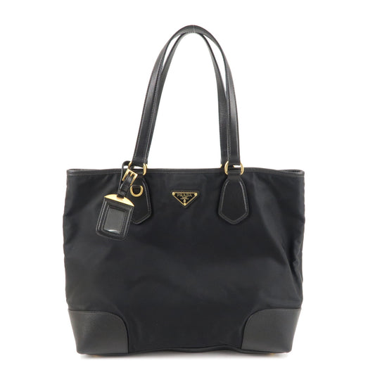 PRADA-Logo-Nylon-Leather-Tote-Bag-Shoulder-Bag-Black