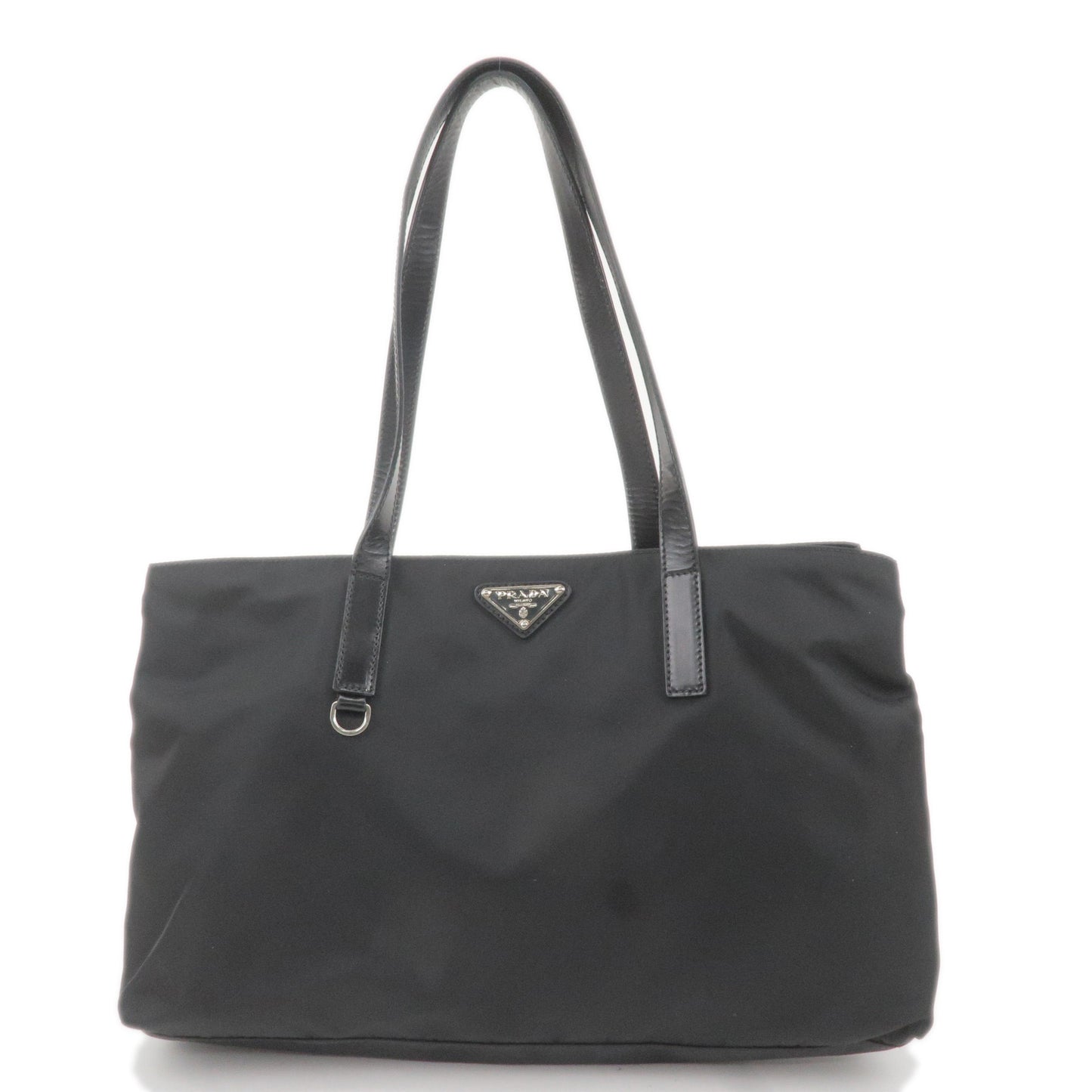 PRADA-Logo-Nylon-Leather-Tote-Bag-Hand-Bag-Black