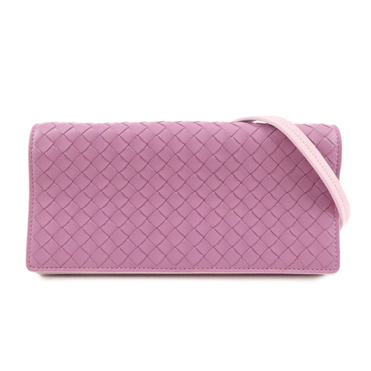 BOTTEGA-VENETA-Intrecciato-Leather-Shoulder-Wallet-Pink