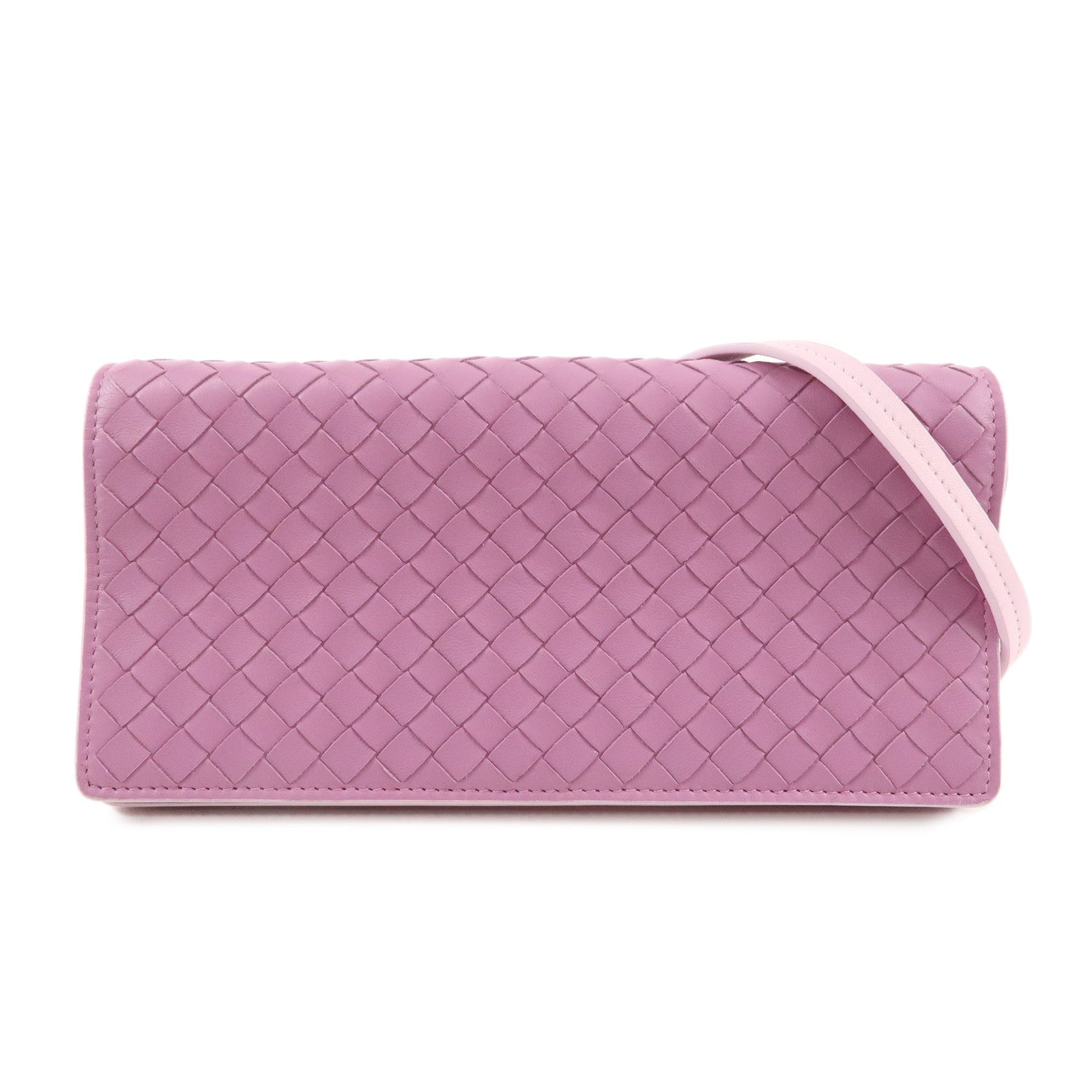 BOTTEGA-VENETA-Intrecciato-Leather-Shoulder-Wallet-Pink