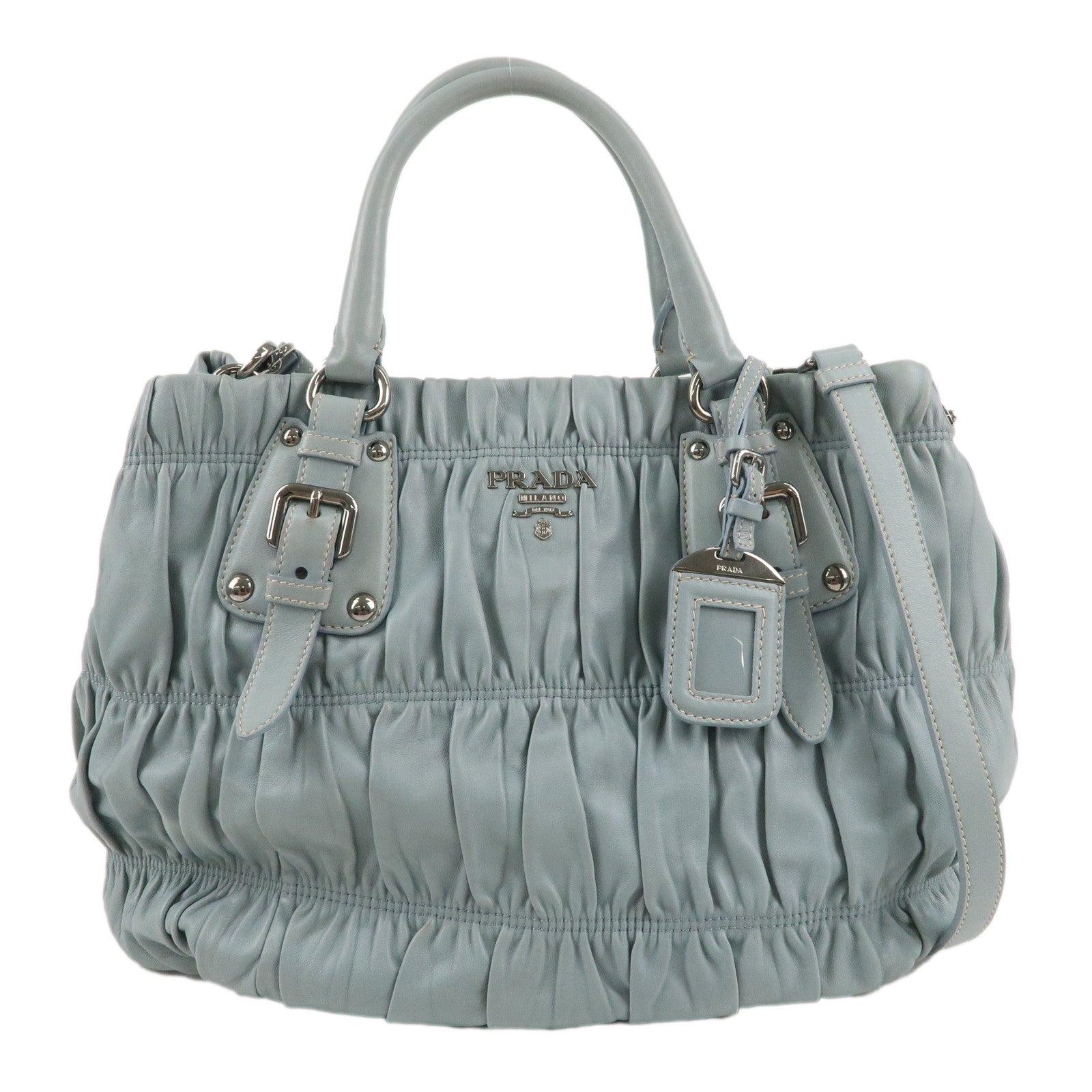 PRADA-Leather-Pleated-2Way-Shoulder-Bag-Light-Blue-BN1789