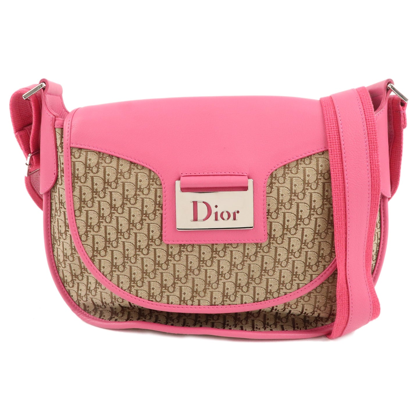 Christian Dior Trotter Canvas Leather Shoulder Bag Beige Pink