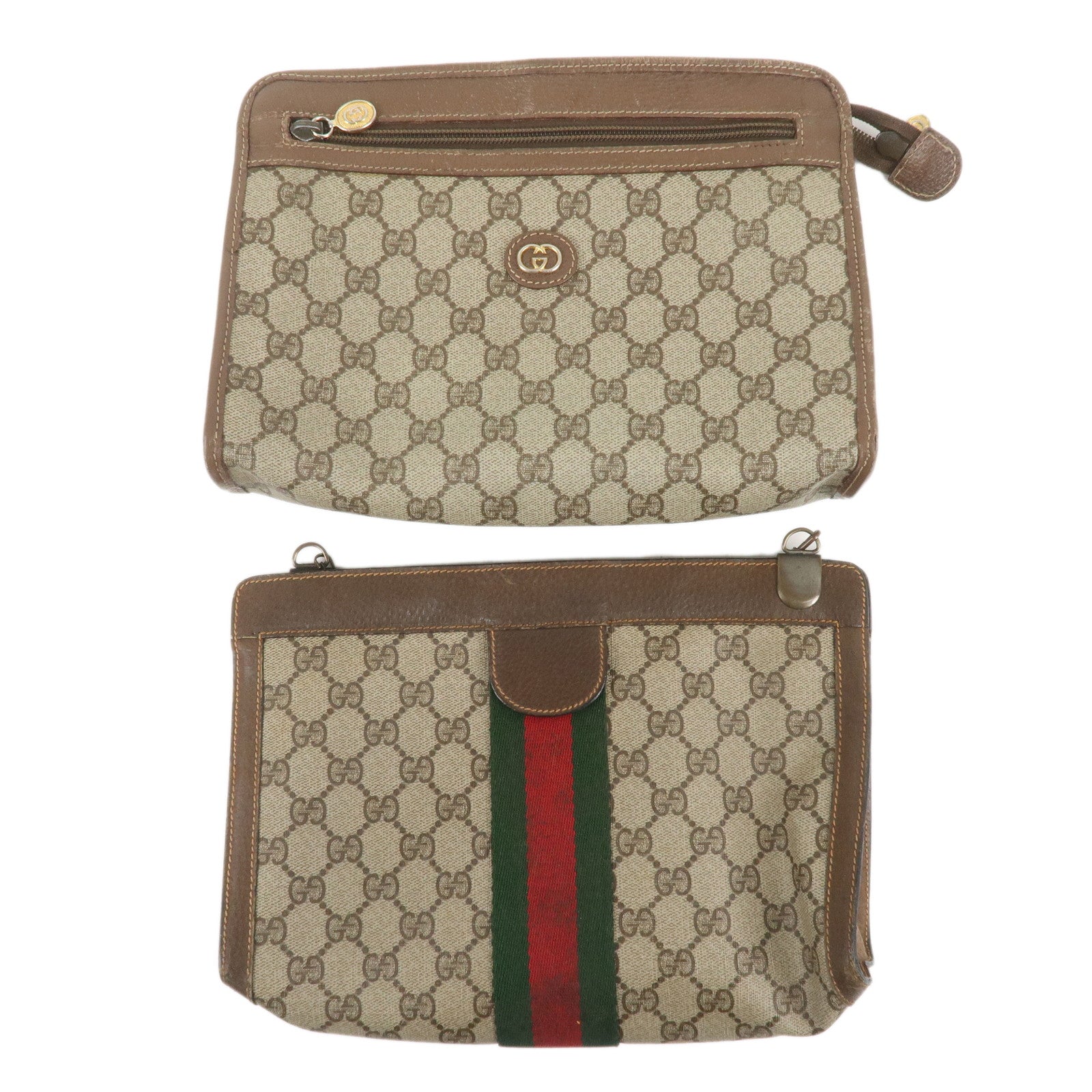 GUCCI-Set-of-2-Old-Gucci-GG-Plus-Leather-Clutch-Bag-Beige-Brown