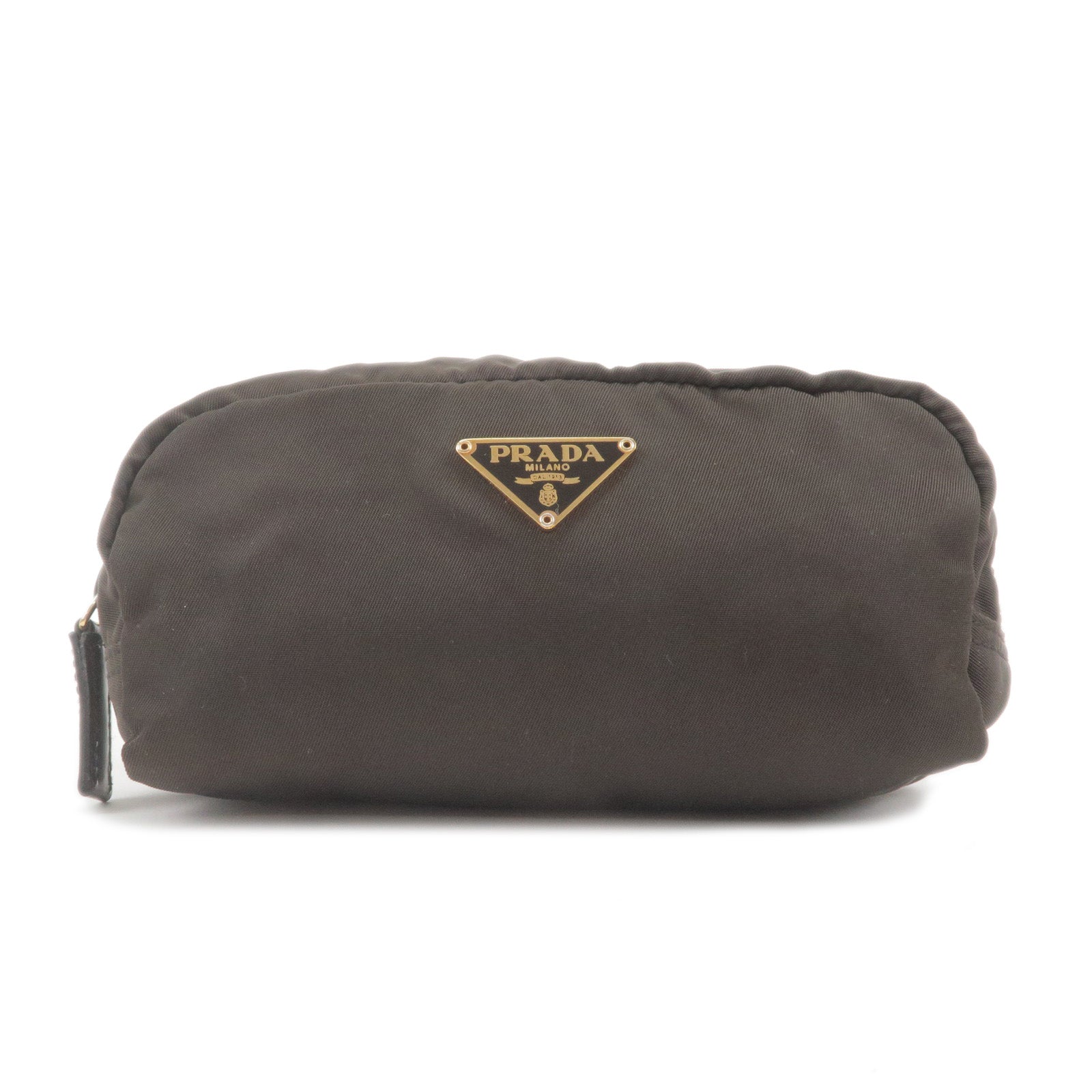 PRADA-Logo-Nylon-Leather-Pouch-Cosmetic-Bag-Brown-1N0175