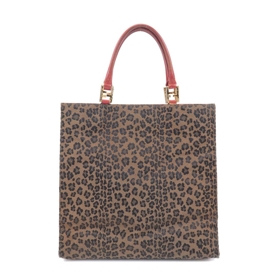 FENDI-Canvas-Leather-Leopard-Tote-Bag-Hand-Bag-Brown-Red
