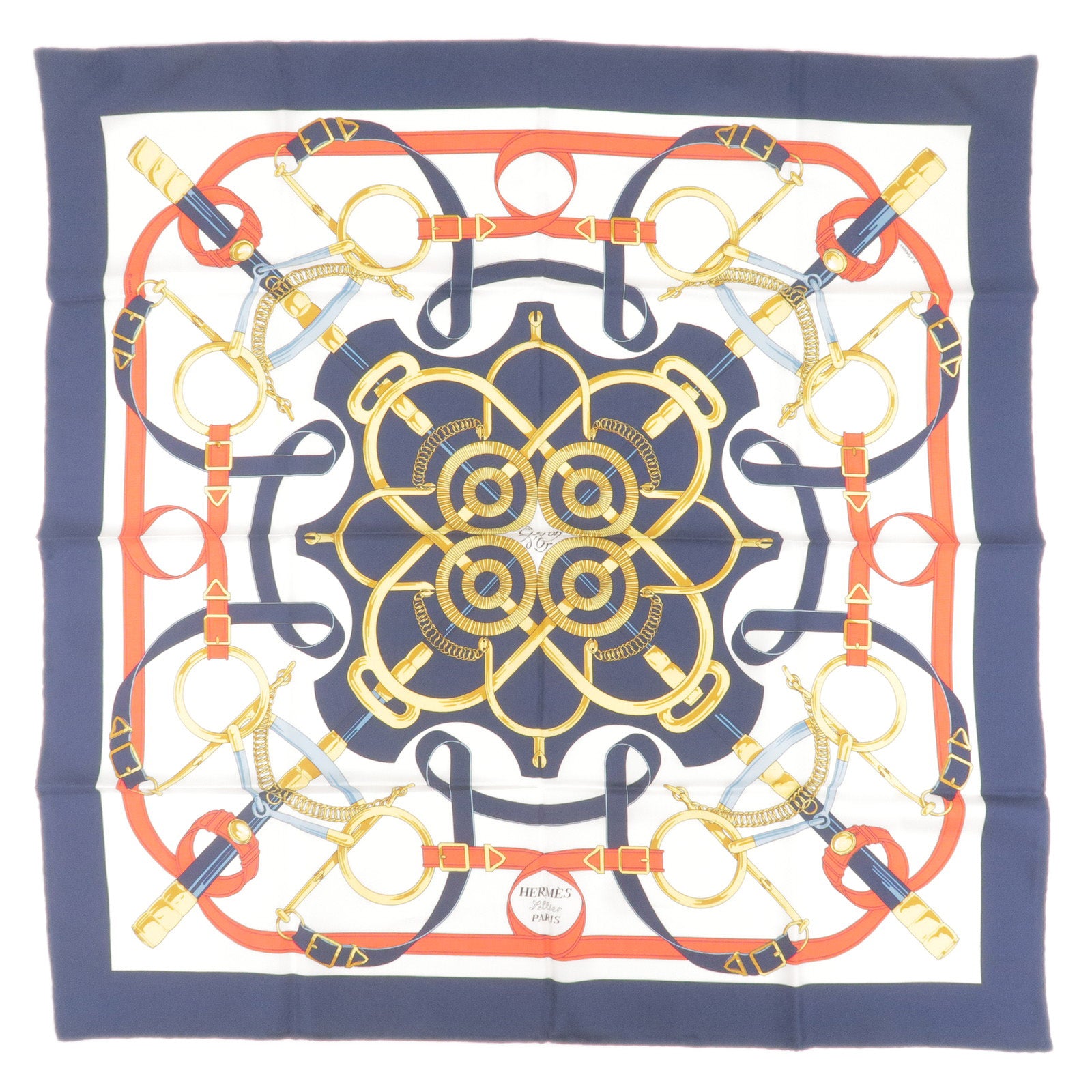 HERMES-Carre-90-Silk-100%-Scarf-Eperon-d-or-Navy