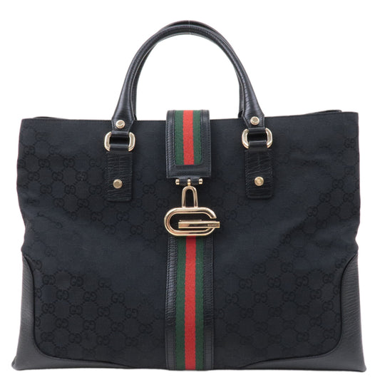 GUCCI-Sherry-GG-Canvas-Leather-Tote-Bag-Black-130994