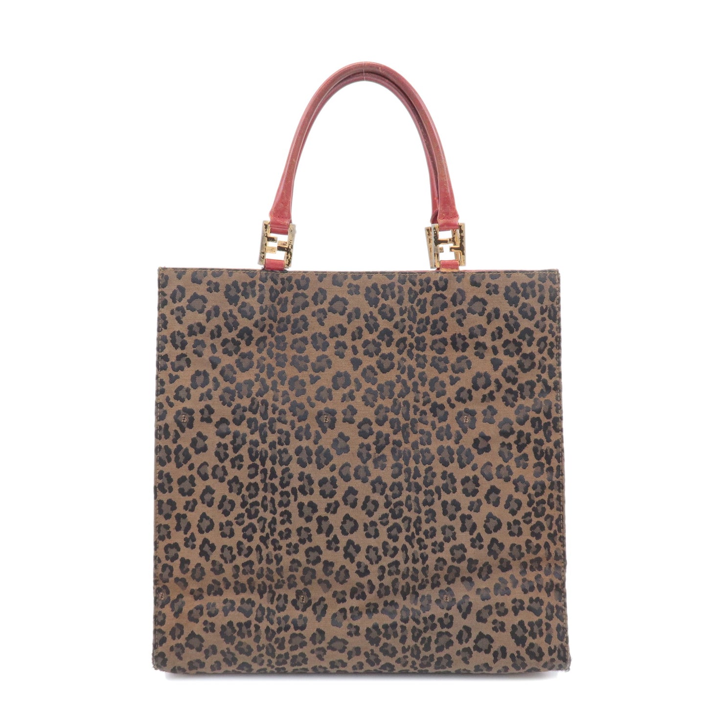 FENDI Canvas Leather Leopard Tote Bag Hand Bag Brown Red