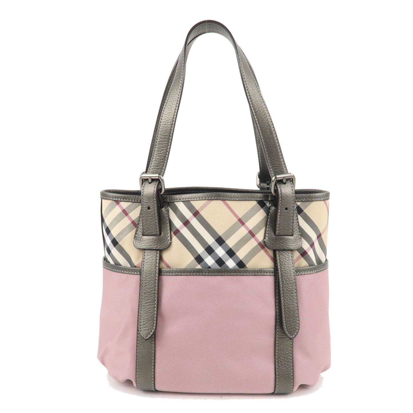 BURBERRY Canvas Leather Nova Plaid Tote Bag Pink Beige