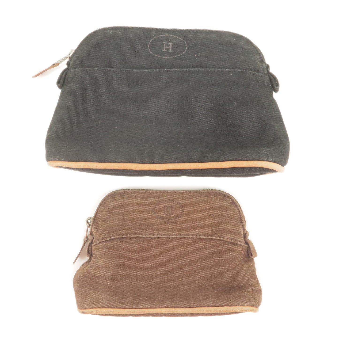 Set-of-2-HERMES-Canvas-Leather-Bolide-Pouch-Black-Brown