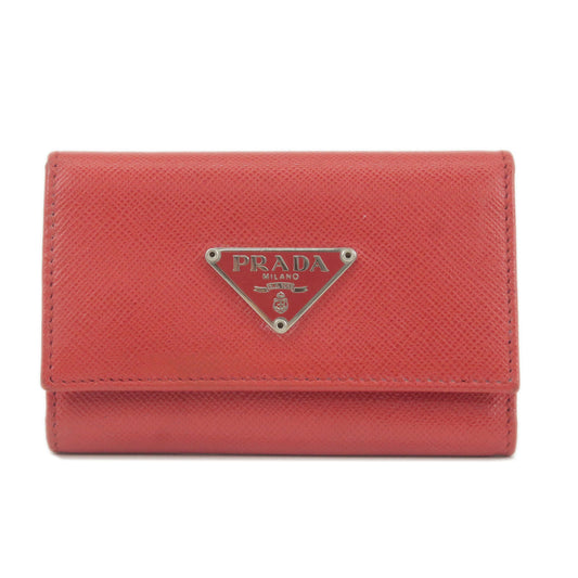 PRADA-Logo-Leather-Trifold-6-Key-Rings-Case-Key-Holder-Red