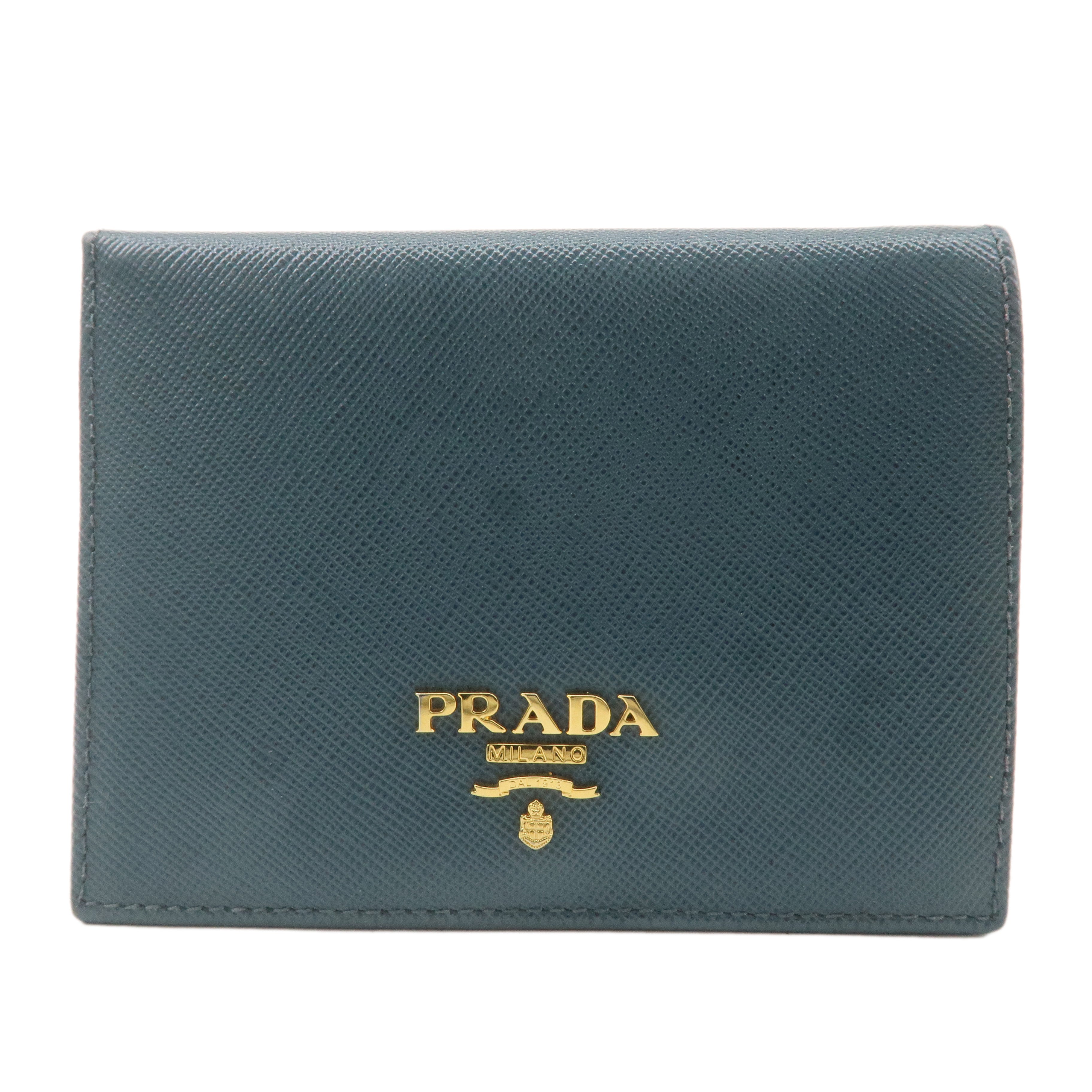 PRADA Logo Safiano Leather Folded Bi-Fold Wallet Blue 1MV204