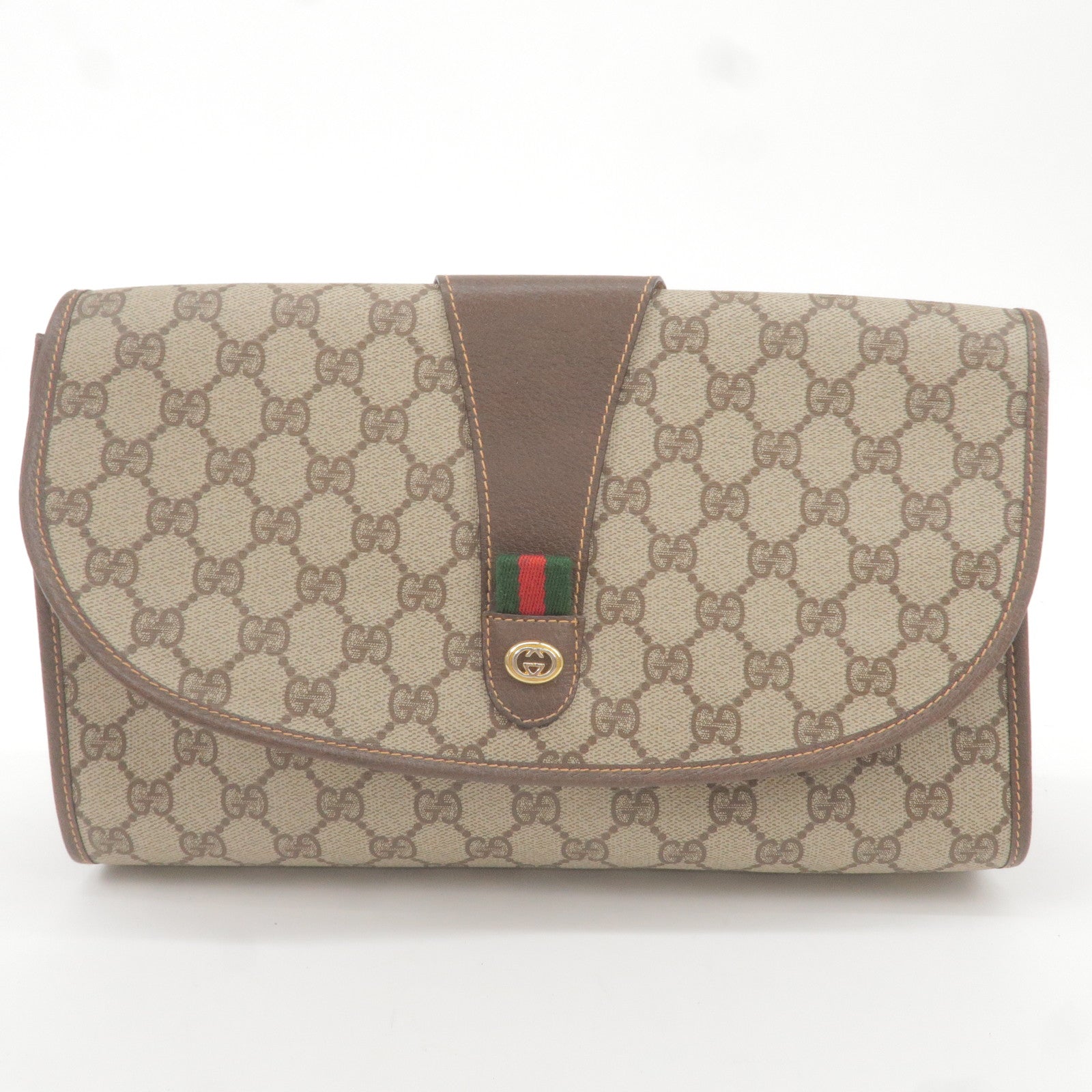 GUCCI-Sherry-Old-Gucci-GG-Plus-Leather-Clutch-Bag-Beige-Brown