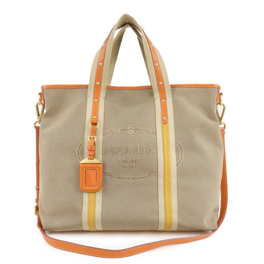PRADA-Logo-Jacquard-Leather-2Way-Hand-Bag-Beige-Orange-BN1453