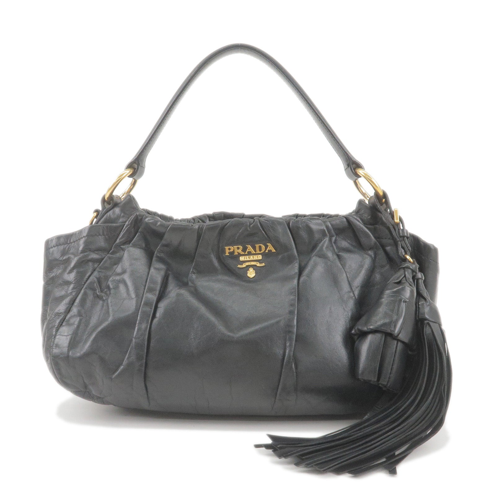 PRADA-Logo-Leather-Shoulder-Bag-With-Tassel-Black