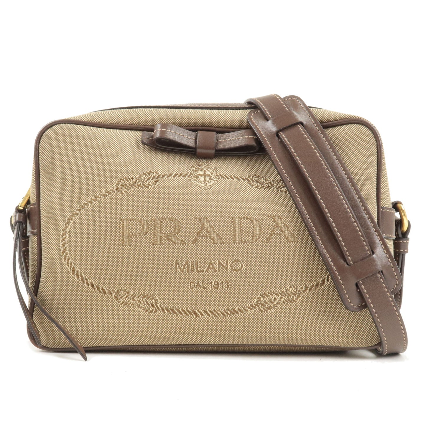 PRADA-Logo-Jacquard-Leather-Shoulder-Bag-Beige-Brown-1BH089