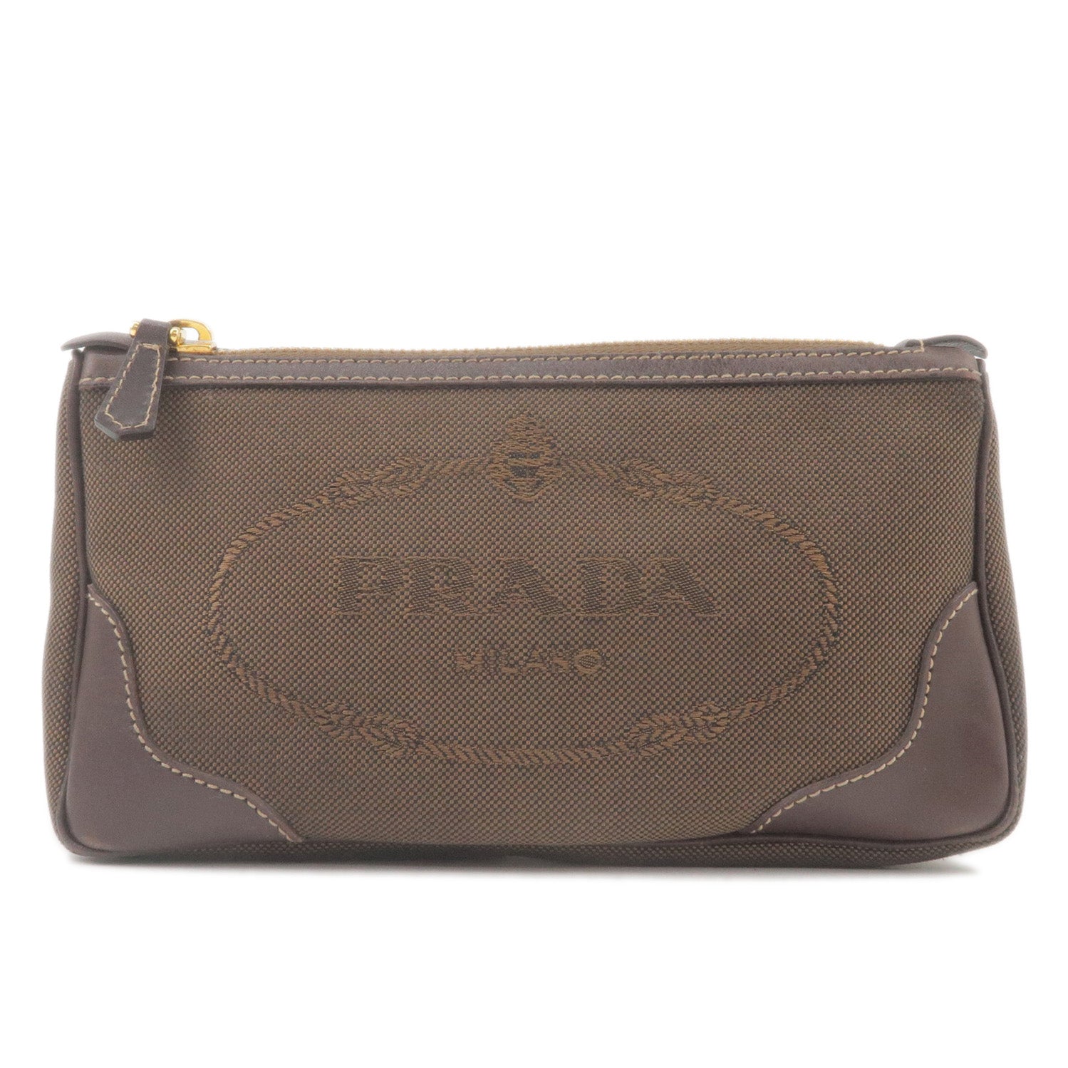 PRADA-Logo-Cnavas-Leather-Pouch-Cosmetic-Pouch-Brown-1N1312