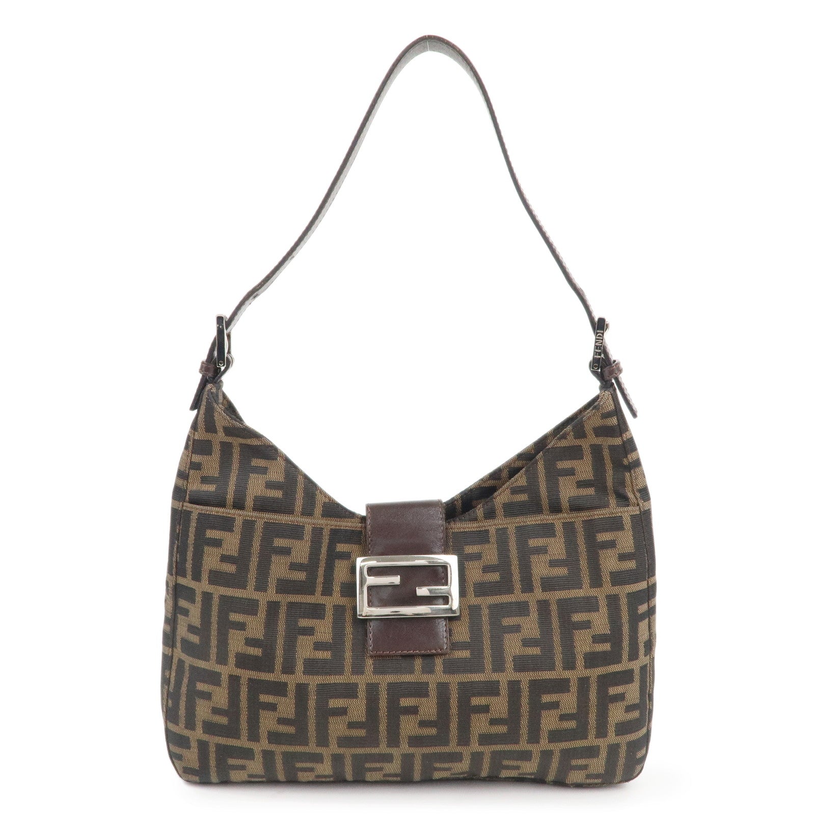 FENDI-Zucca-Canvas-Leather-Shoulder-Bag-Brown-Black-26569