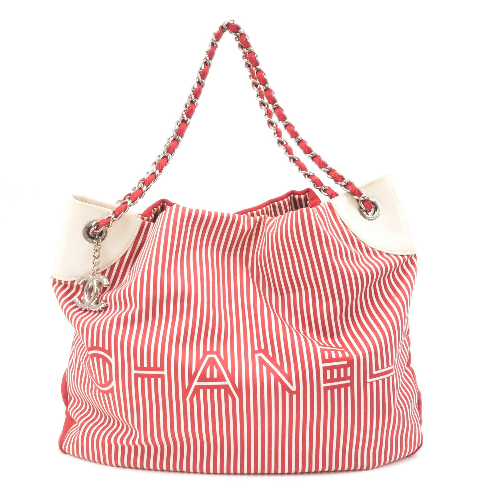 CHANEL-Canvas-Leather-2WAY-Chain-Tote-Bag-Stripe-Red