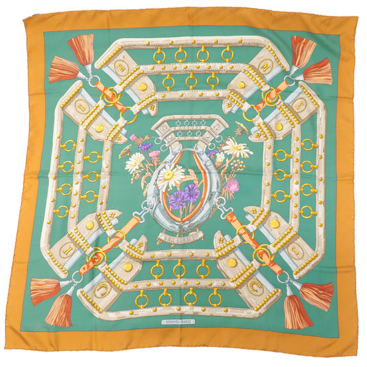 HERMES-Carre-90-100%-Silk-Scarf-AUX-Champs-Green-Brown