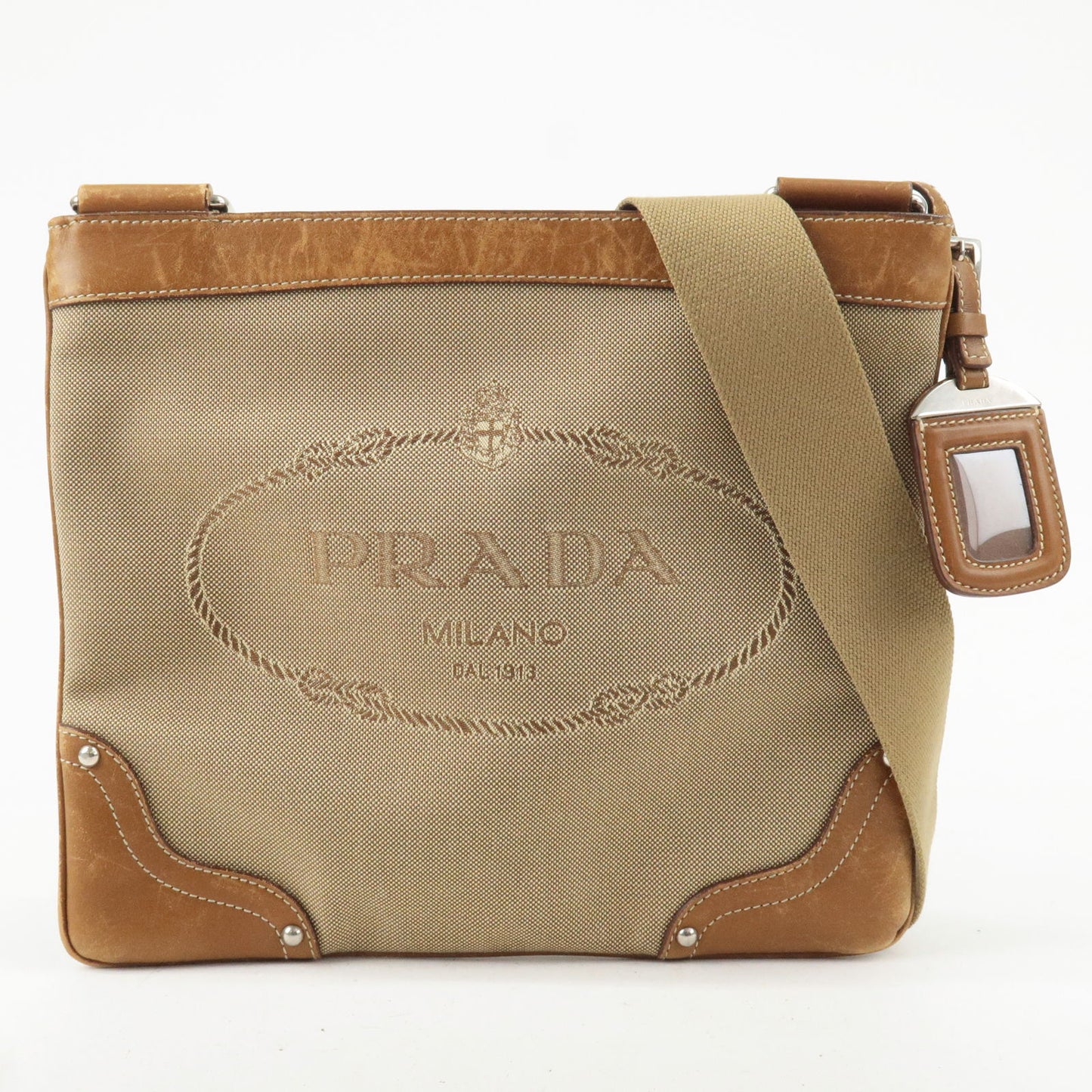 PRADA Logo Jacquard Leather Shoulder Bag Beige Brown BT0537