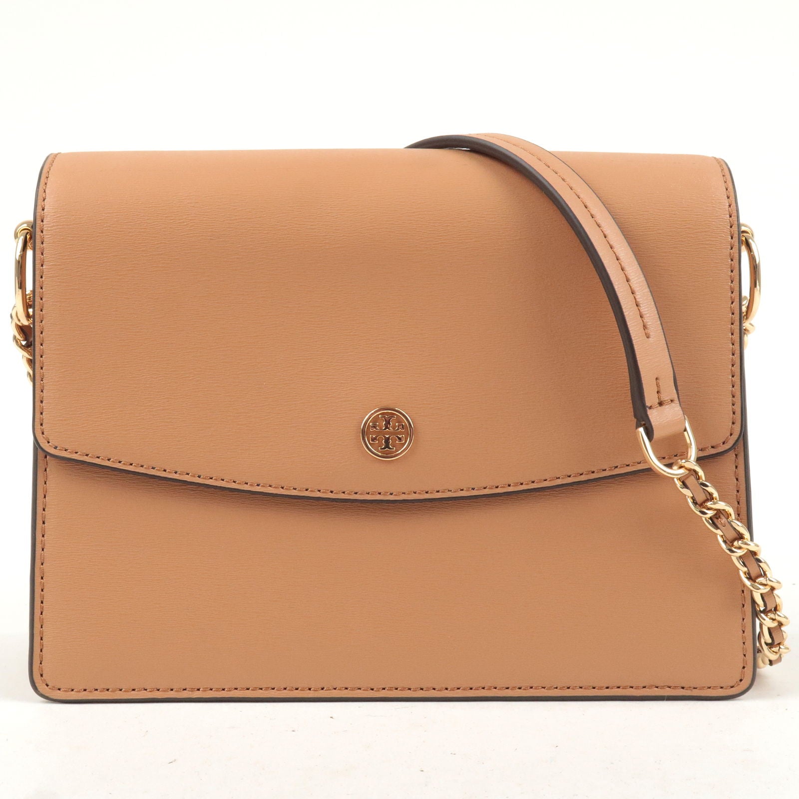 Tory Burch Leather Flap Chain Shoulder Bag Brown Beige