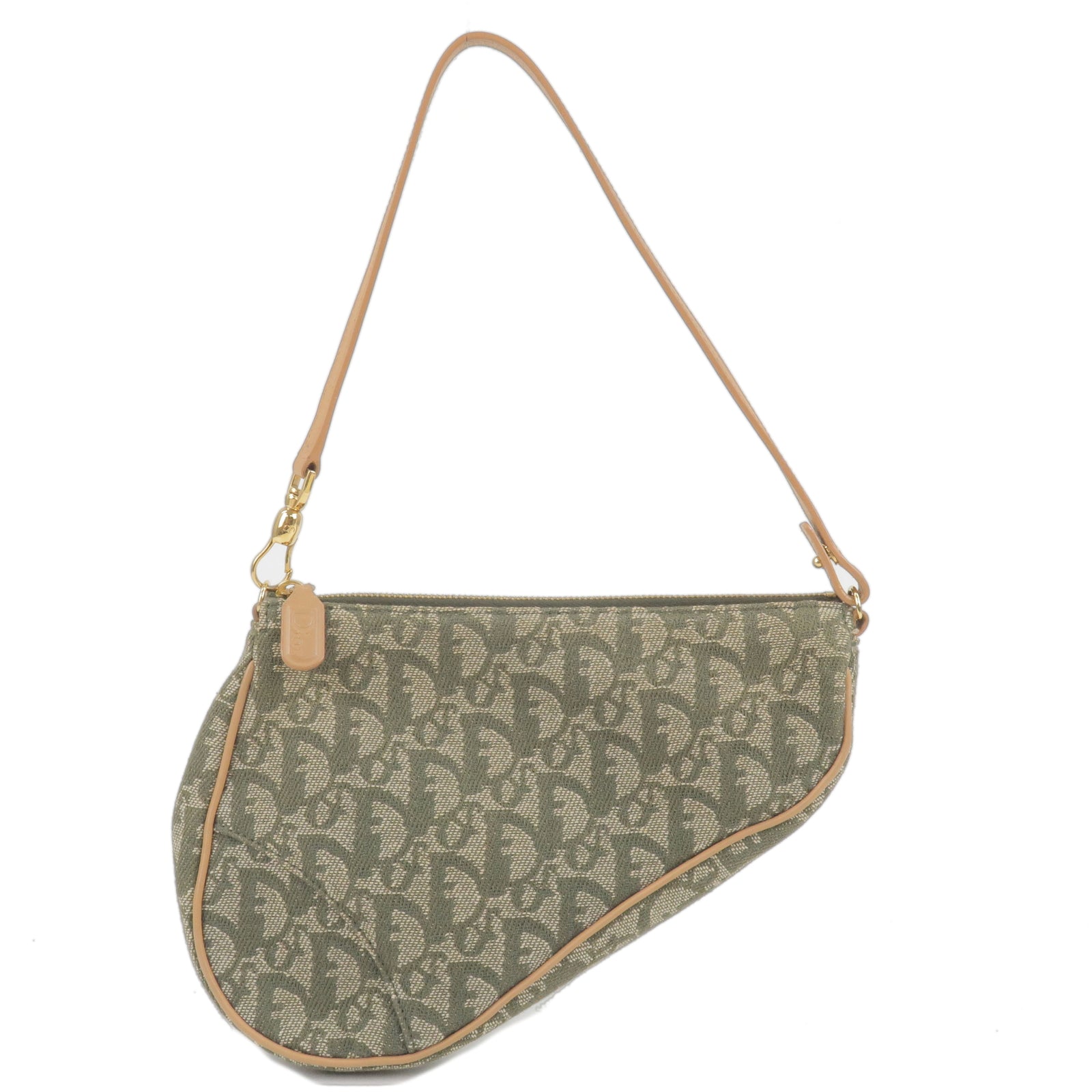 Christian-Dior-Trotter-Canvas-Leather-Saddle-Pouch-Green-Beige