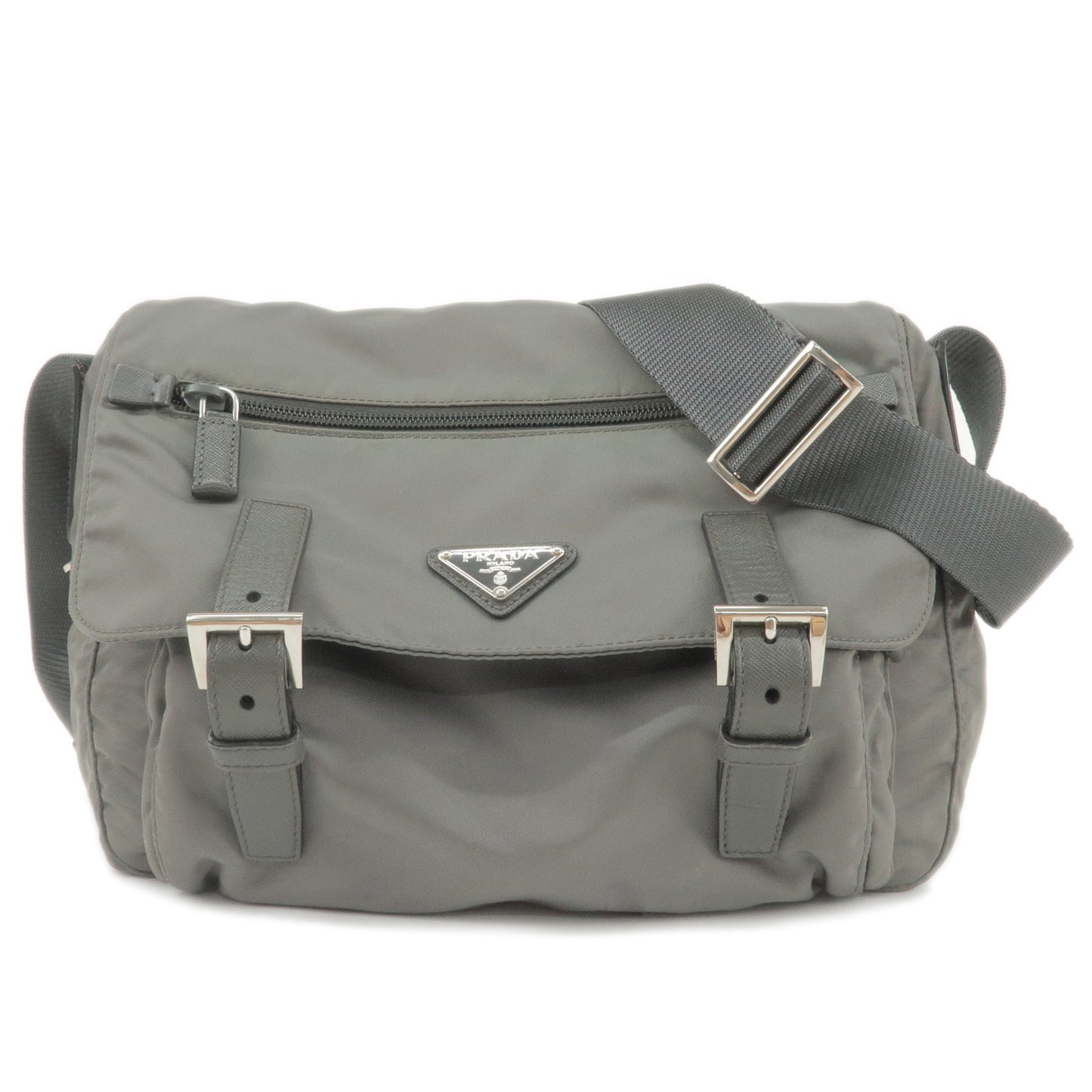 PRADA-Logo-Nylon-Leather-Shoulder-Bag-Crossbody-Bag-Gray