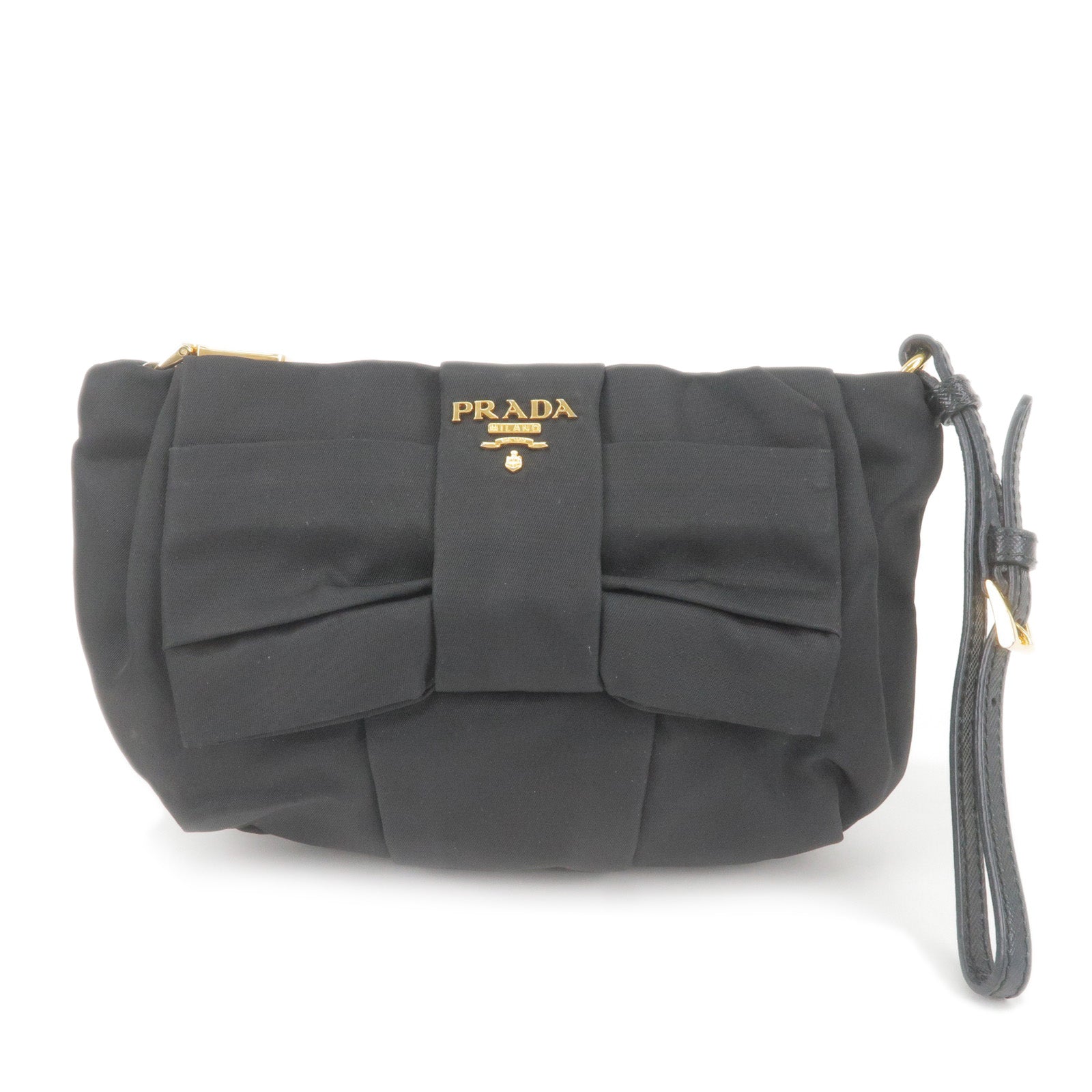 PRADA-Logo-Nylon-Leather-Pouch-Clutch-Bag-Wristlet-Black-1N1422