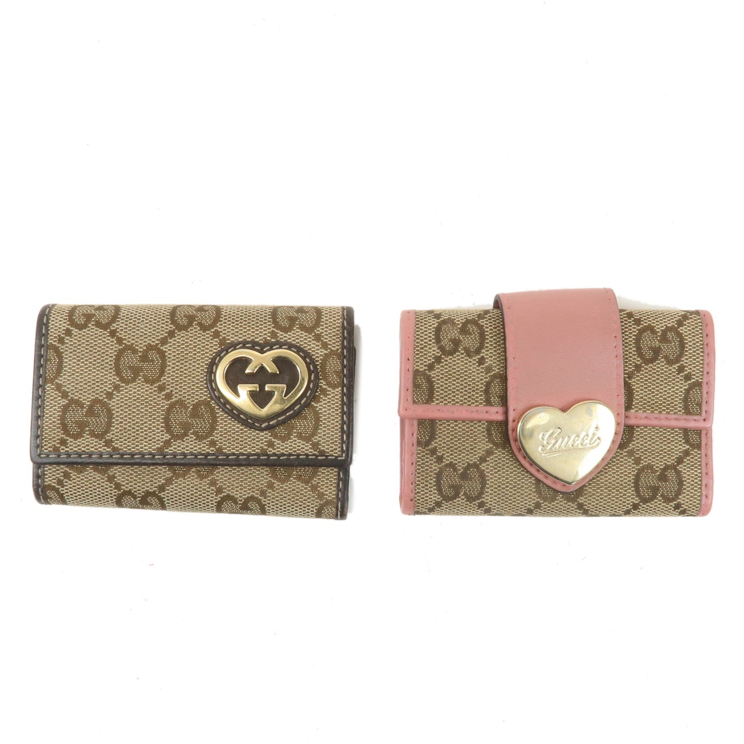 Gucci Set of 2 GG Canvas Leather Key Case 6 Rings Beige Pink