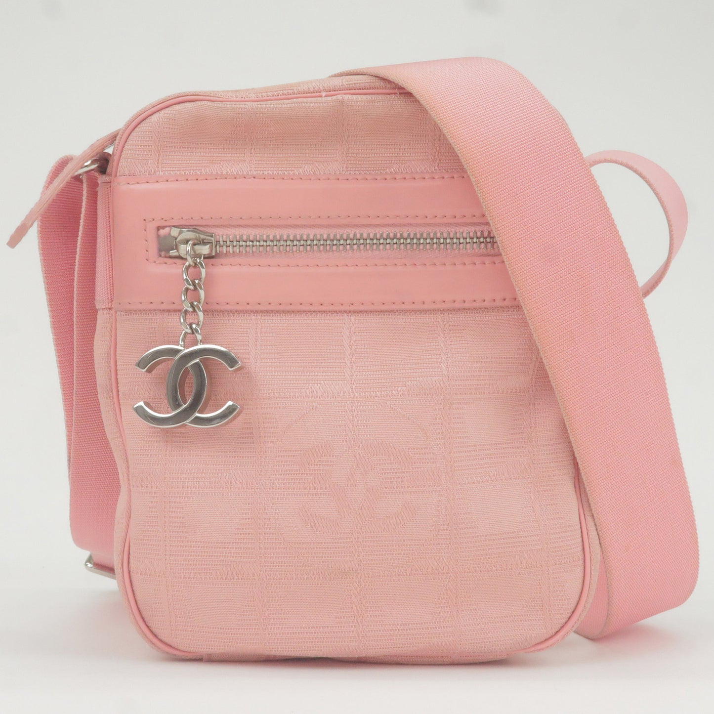 CHANEL Travel Line Nylon Jacquard Leather Shoulder Bag Pink A30913