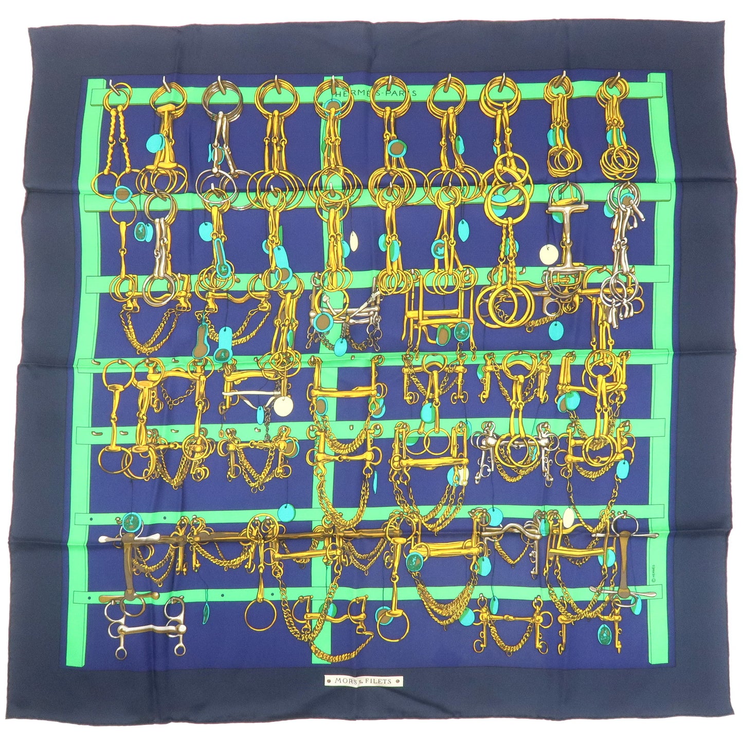 Hermes-Silk-100%-Carre-90-Mors-&-Filets-Navy-Blue