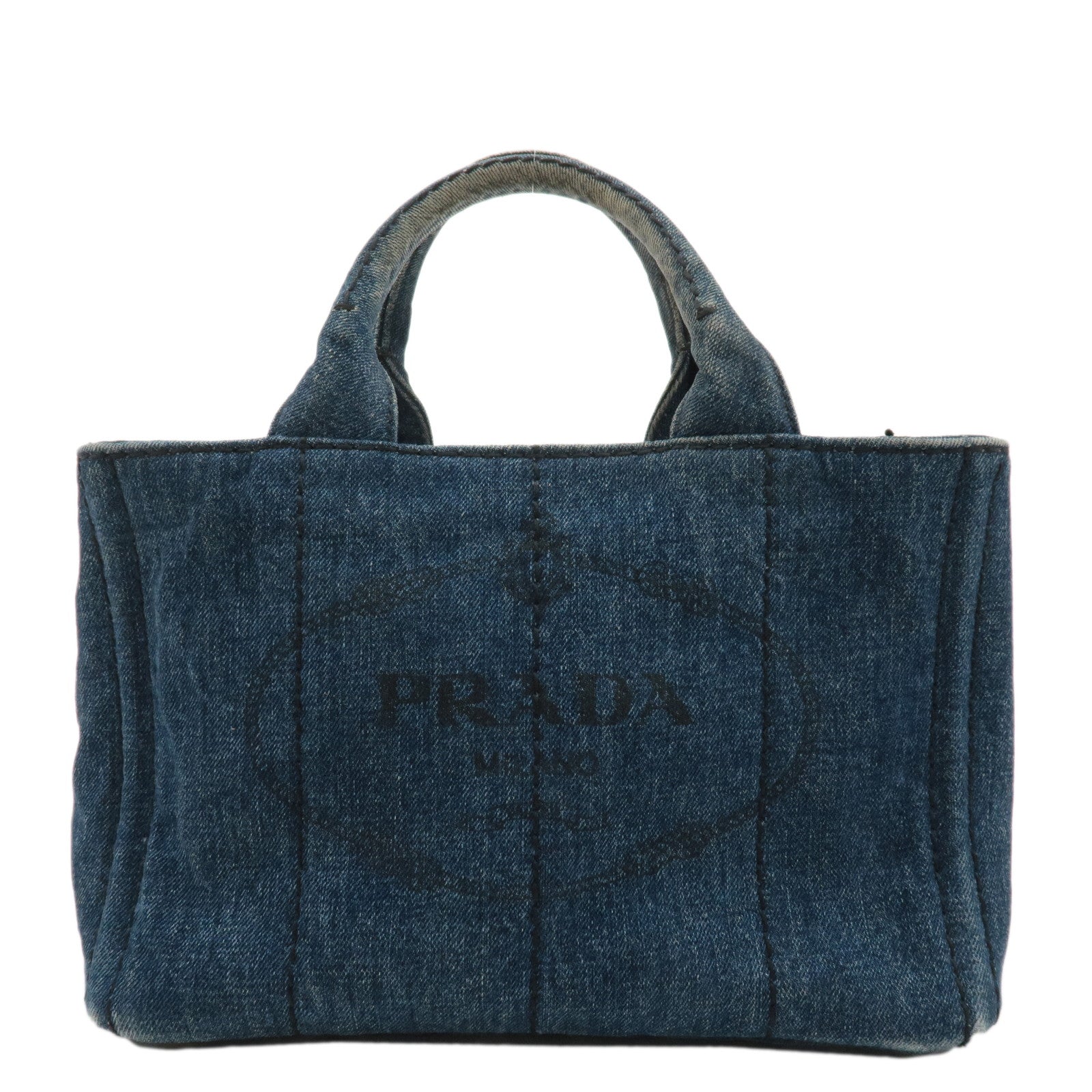 PRADA Logo Canapa Mini Denim Hand Bag Tote Bag Blue BN2439