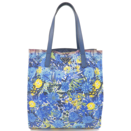 PRADA-Logo-Nylon-Leather-Tote-Bag-Floral-Print-Blue-BN2851