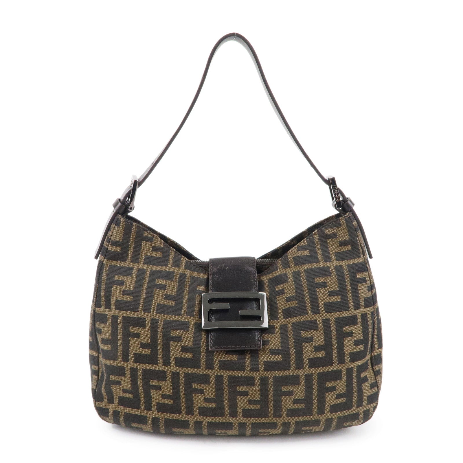 FENDI-Zucca-Canvas-Leather-Shoulder-Bag-Khaki-Brown-Black-8BR036