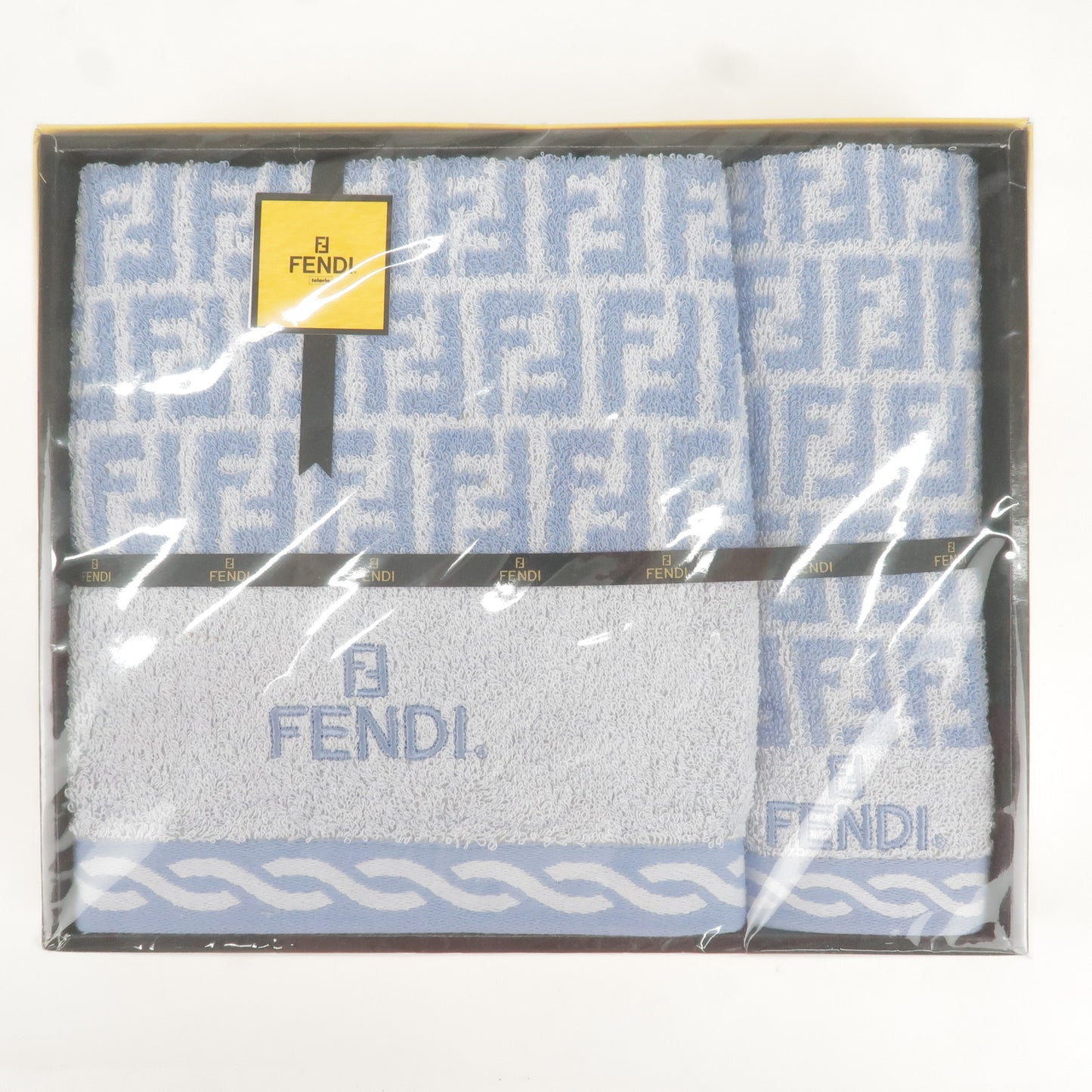 FENDI Zucca Set of 2 Cotton 100% Logo Towel with Box Light Blue