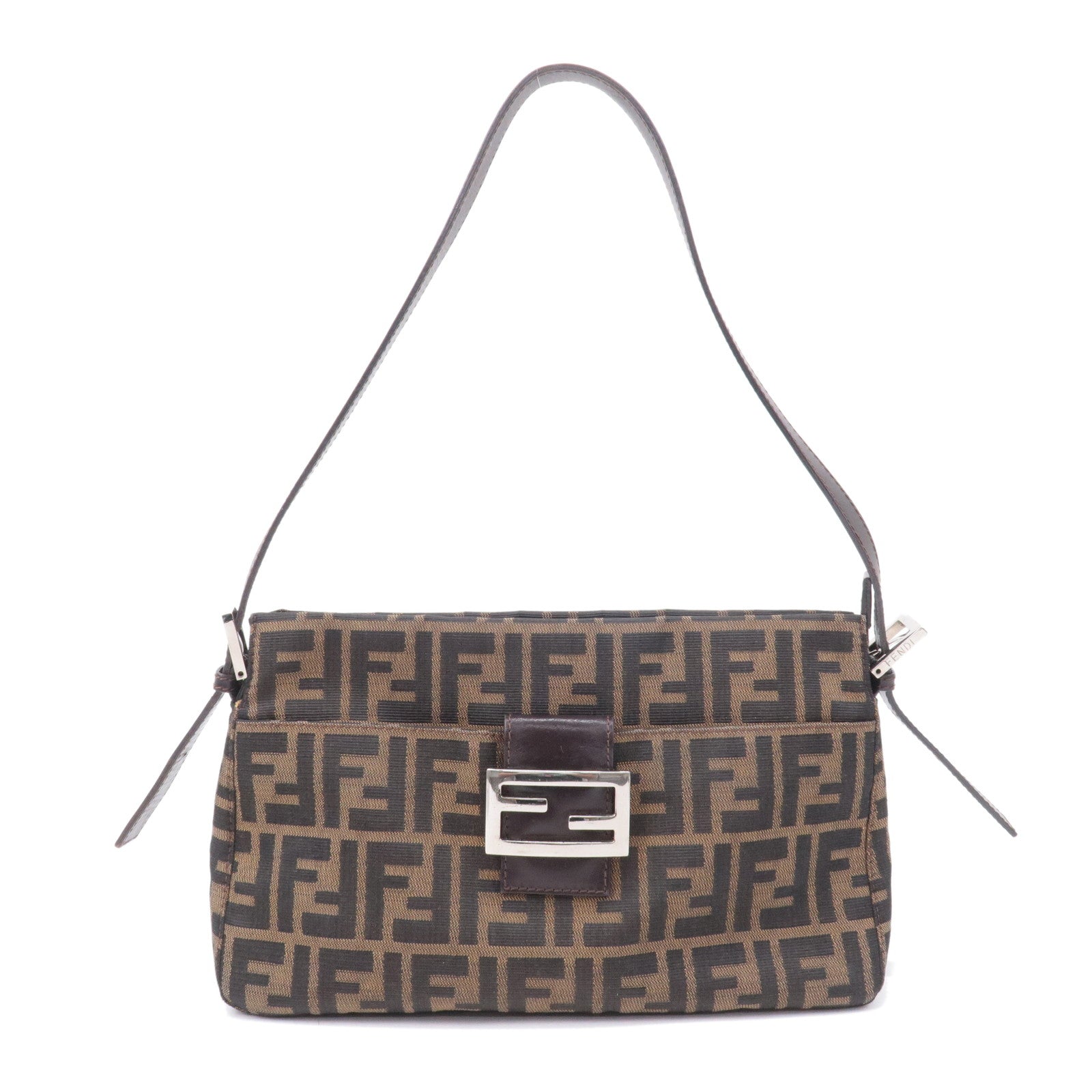 FENDI-Zucca-Canvas-Leather-Shoulder-Bag-Brown-Black-26566