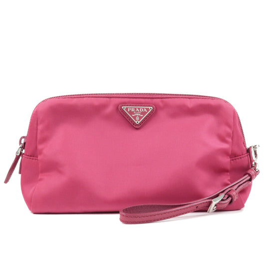 PRADA-Logo-Nylon-Leather-Pouch-Cosmetic-Pouch-1NE693-Pink