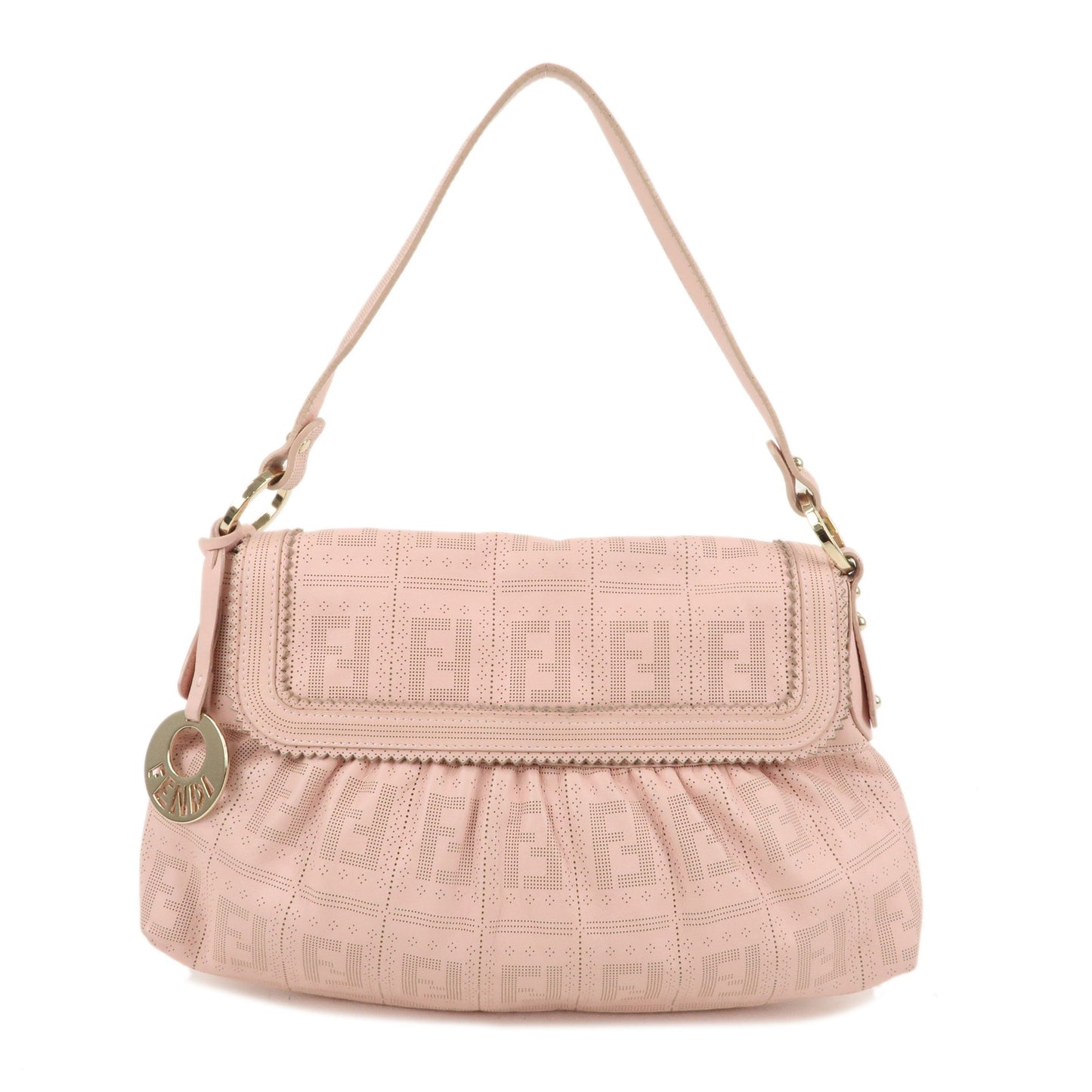 FENDI Zucca Leather Punching Shoulder Bag Pink 8BR445