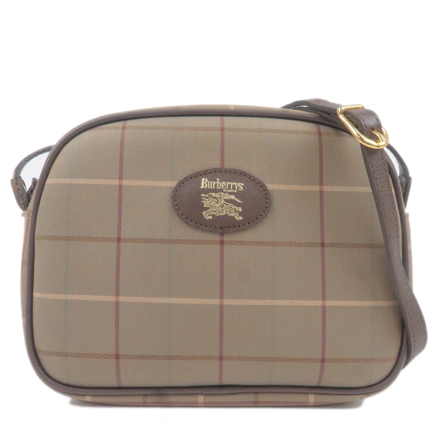 BURBERRY Plaid Print Canvas Leather Shoulder Bag Purse pouch Khaki