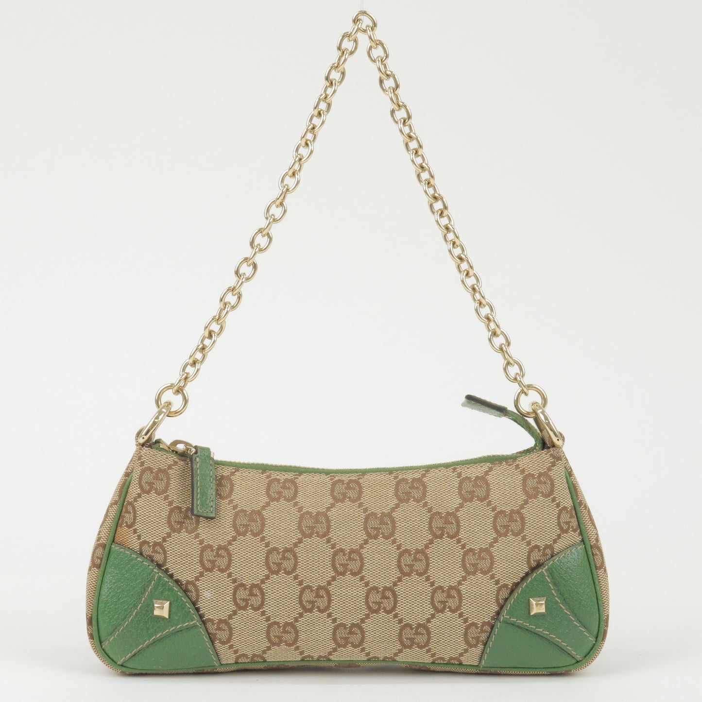 GUCCI GG Canvas Leather Studs Chain Shoulder Bag Green 120940