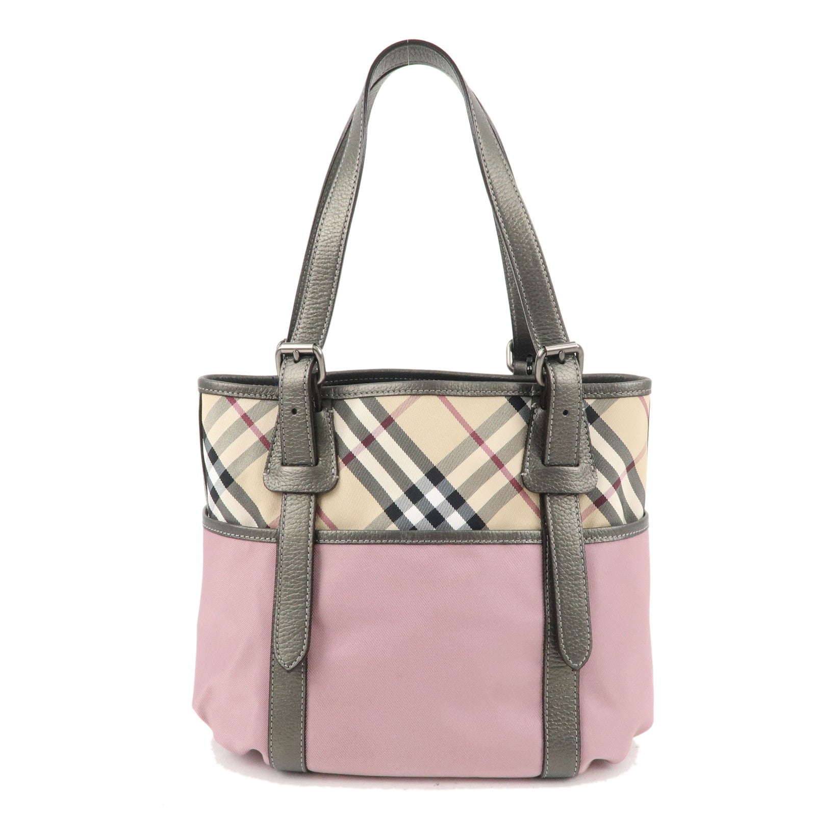 BURBERRY-Canvas-Leather-Nova-Plaid-Tote-Bag-Pink-Beige