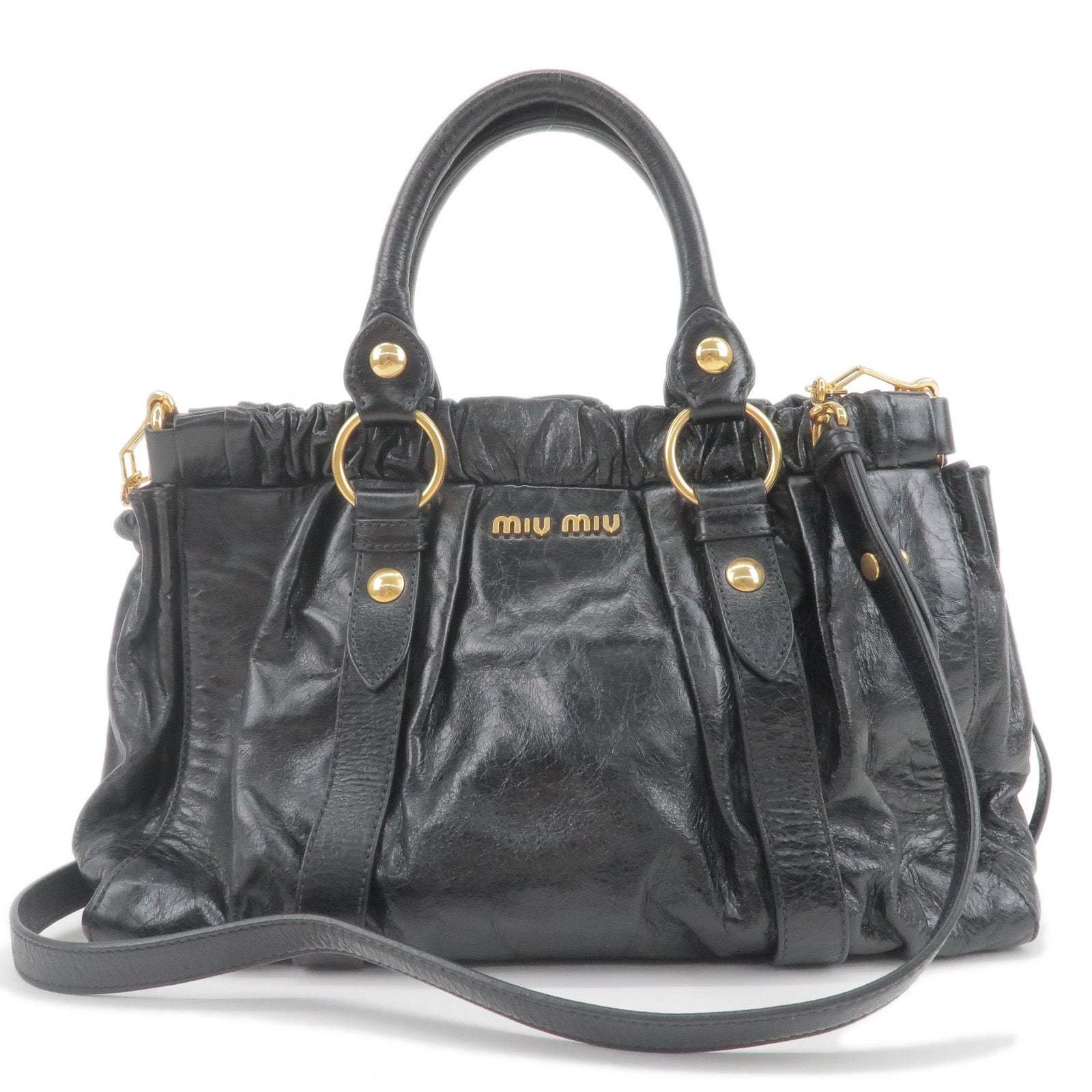 MIU-MIU-Logo-Leather-2Way-Shoulder-Bag-Hand-Bag-NERO-Black