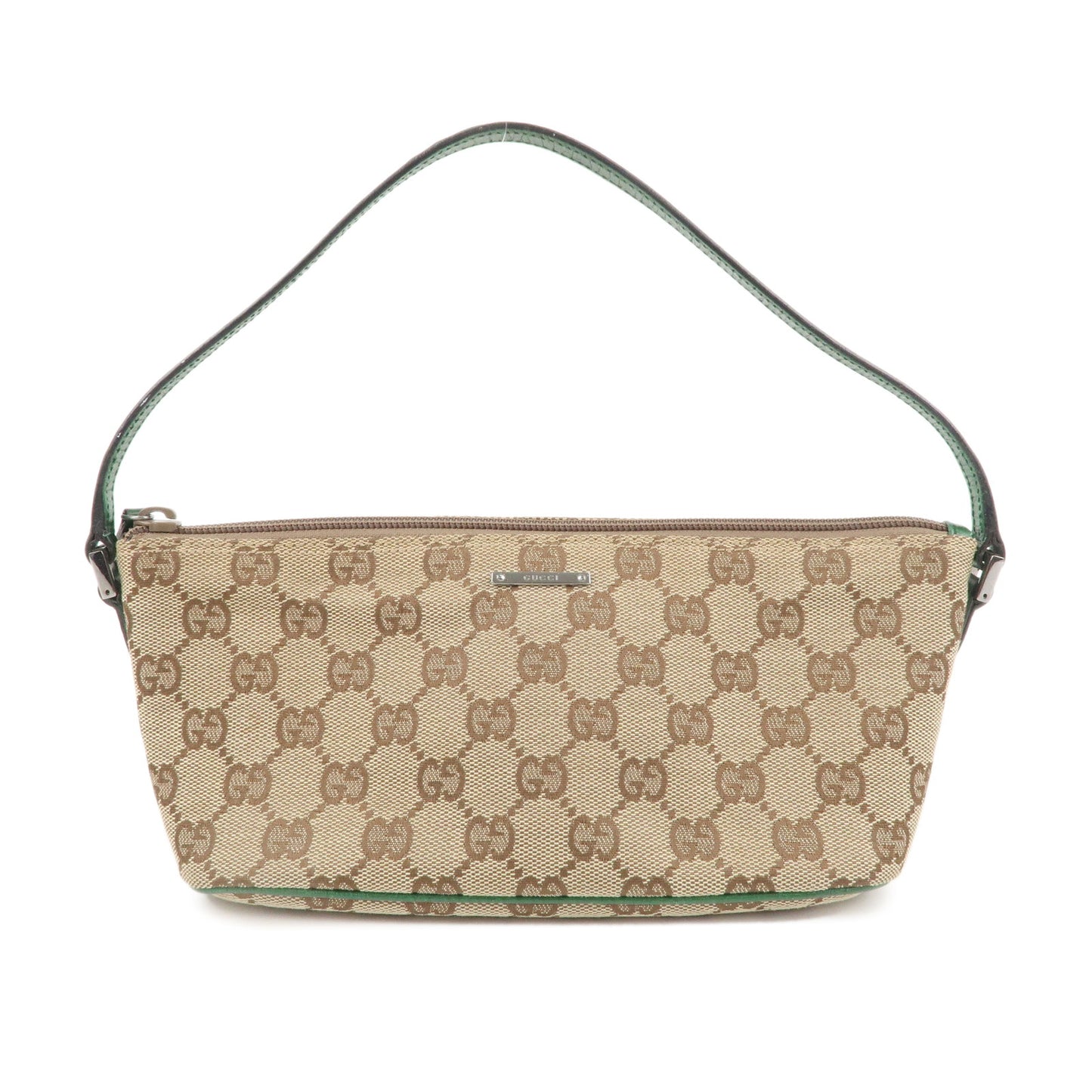GUCCI Boat Bag GG Canvas Leather Bag Pouch Beige Brown Green 7198